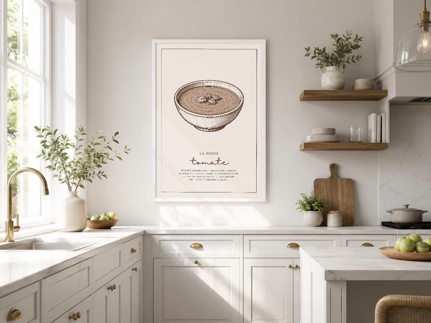 Domates çorbası illüstrasyonu, zarif çizim tarzında beyaz mutfak duvarında sergilenen Fransız stil poster.