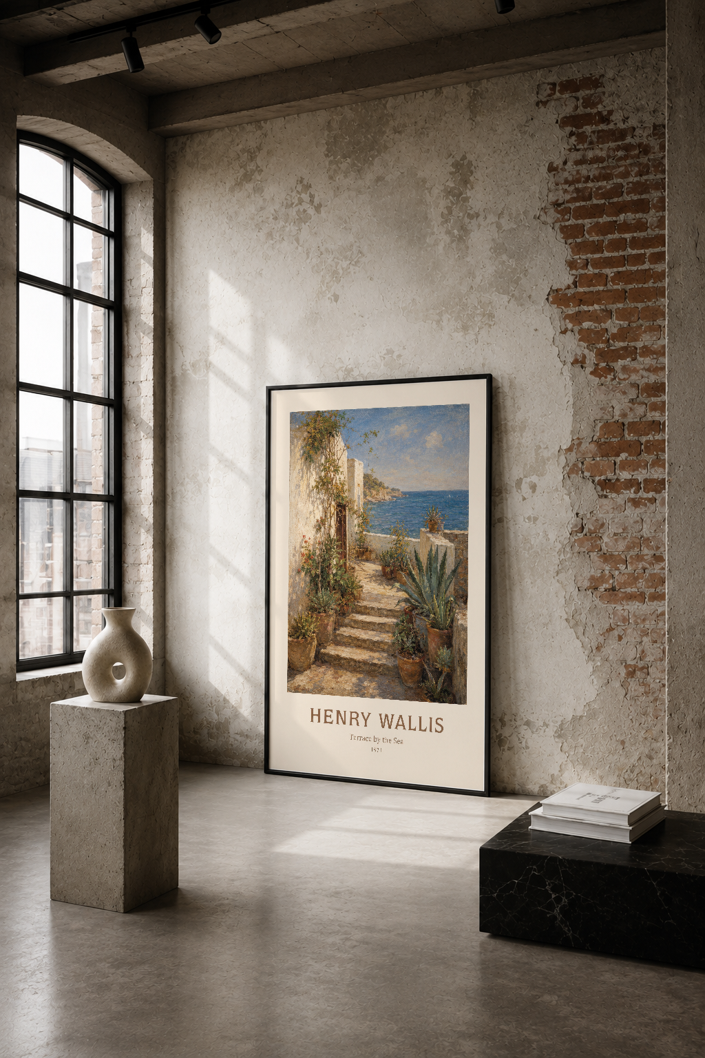 Henry Wallis'in deniz manzarası tablosu, endüstriyel minimalist mekanın duvarında, sahil terası sahnesinin huzurlu atmosferi.