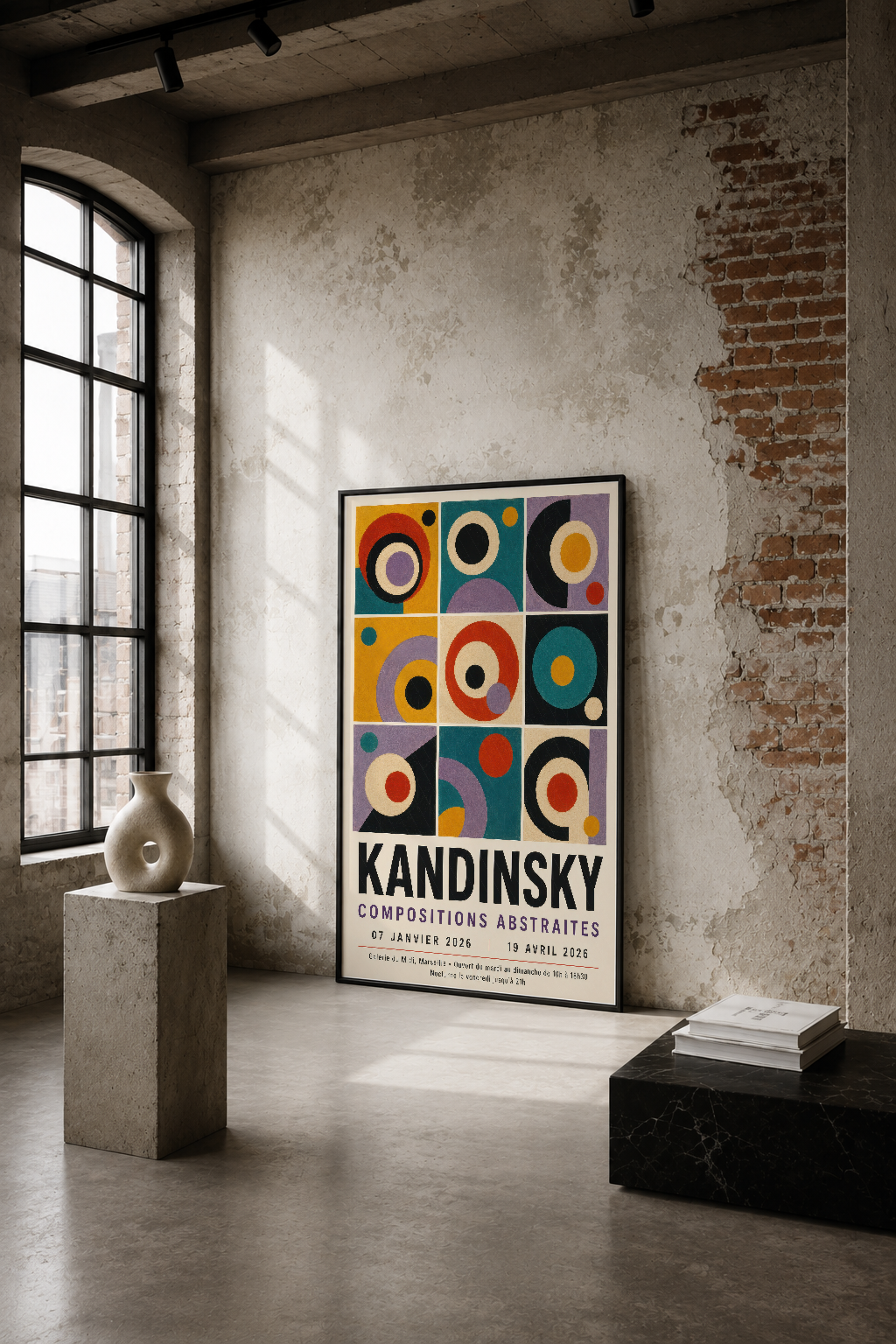 Kandinsky soyut geometrik tablo, endüstriyel loft mekanında tuğla duvara asılı, renkli daireler ve akademik sergi afişi