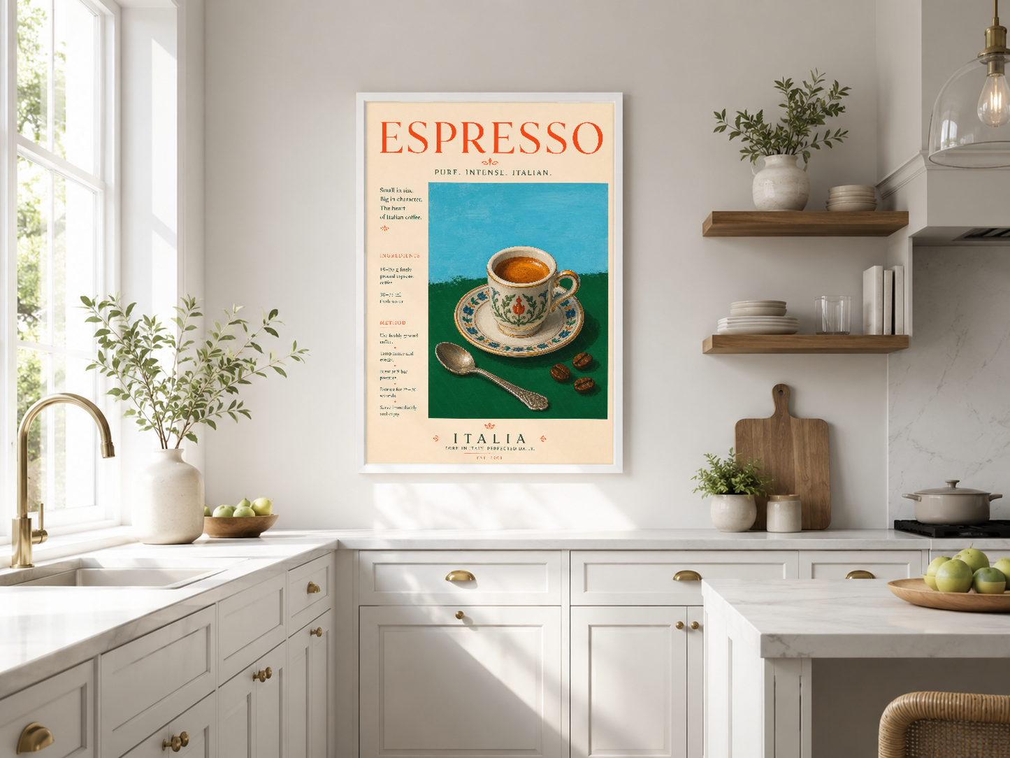 İtalyan espresso kültürünü vintage poster stiliyle çizeyen, renkli fincan ve kahve tanelerinin yer aldığı dekoratif duvar