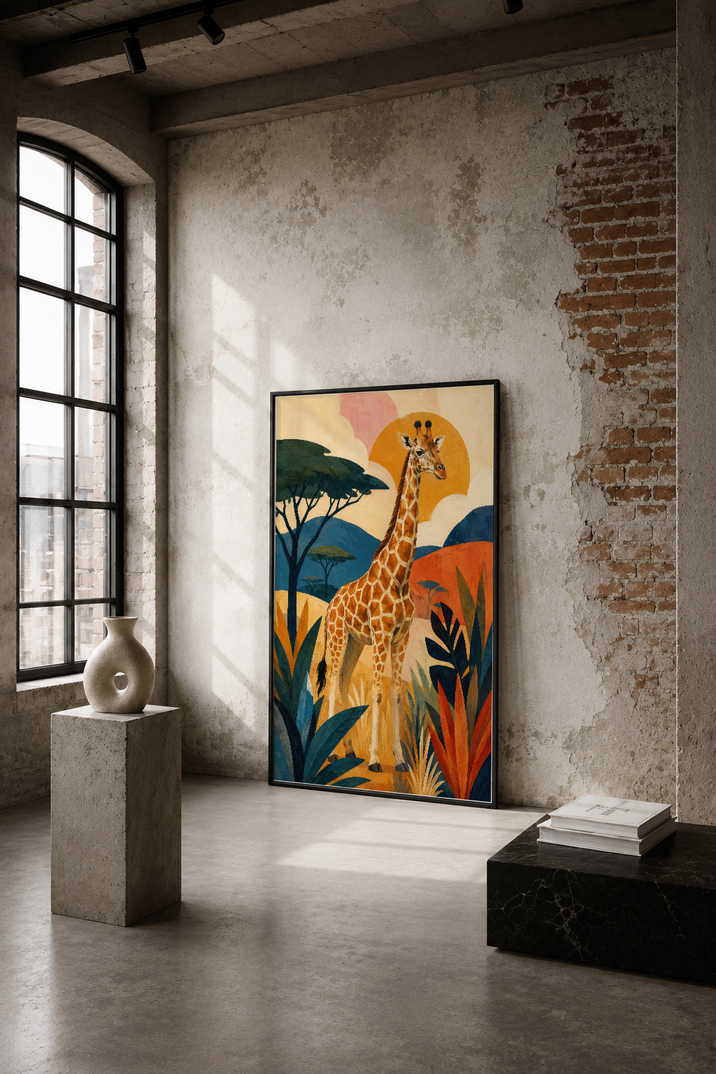 Art deco tarzında zürafa ve ağaç motifleriyle yapılı rengarenk poster, endüstriyel loft mekanda duvar sanatı olarak
