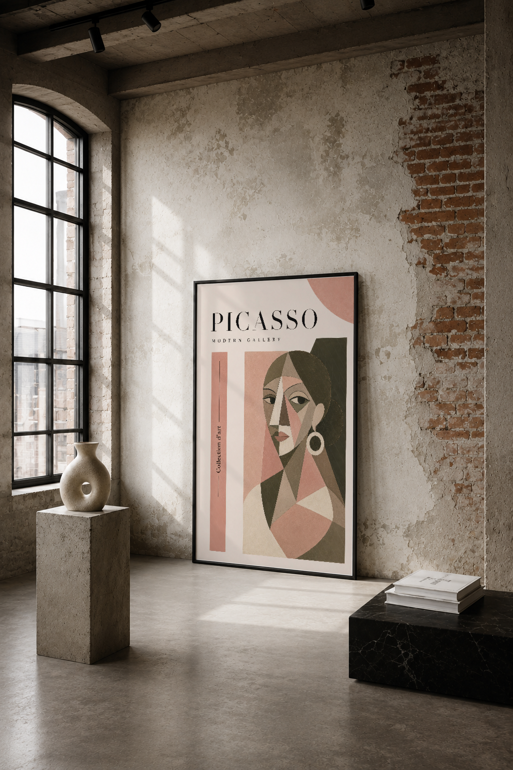 Picasso Modern Gallery tablosu, endüstriyel sağlık duvarının üzerinde geometrik yüz tasarımıyla sanat ve tasarımı
