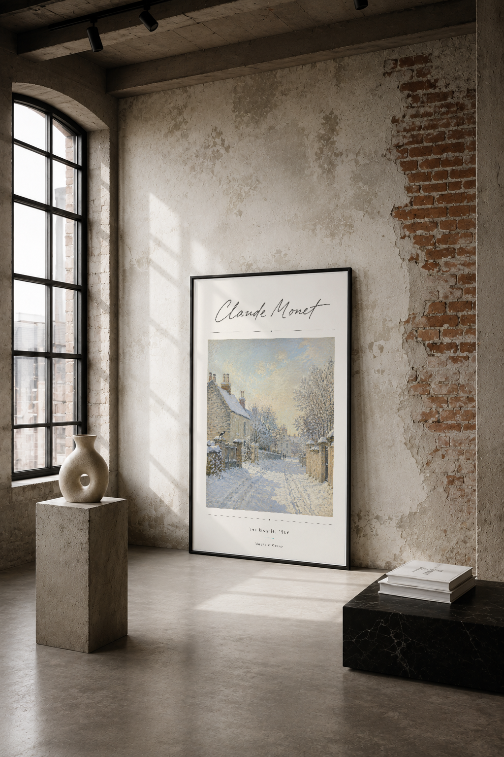 Monet'nin kar yağışı tablosu, endüstriyel loft tarzı boş mekanda siyah çerçevede sergileniyor.