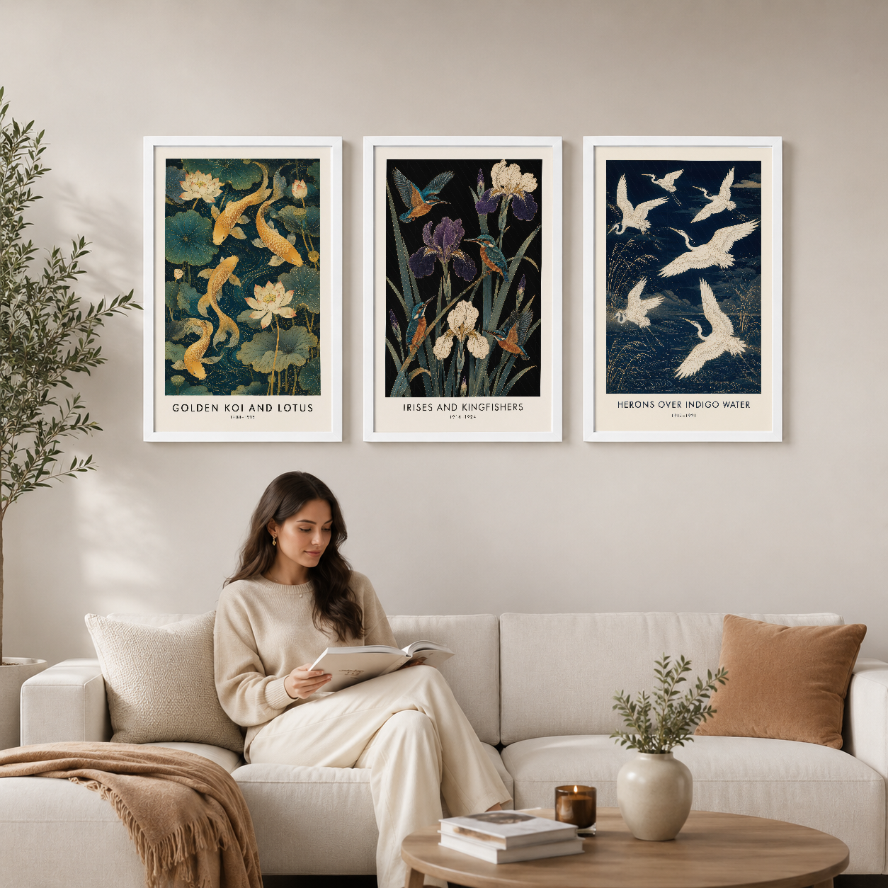 Doğa temalı üç panel tablo seti: altın koi balıkları, iris çiçekleri ve balıkçıl kuşları sanat posterlerine ahşap çerçeve