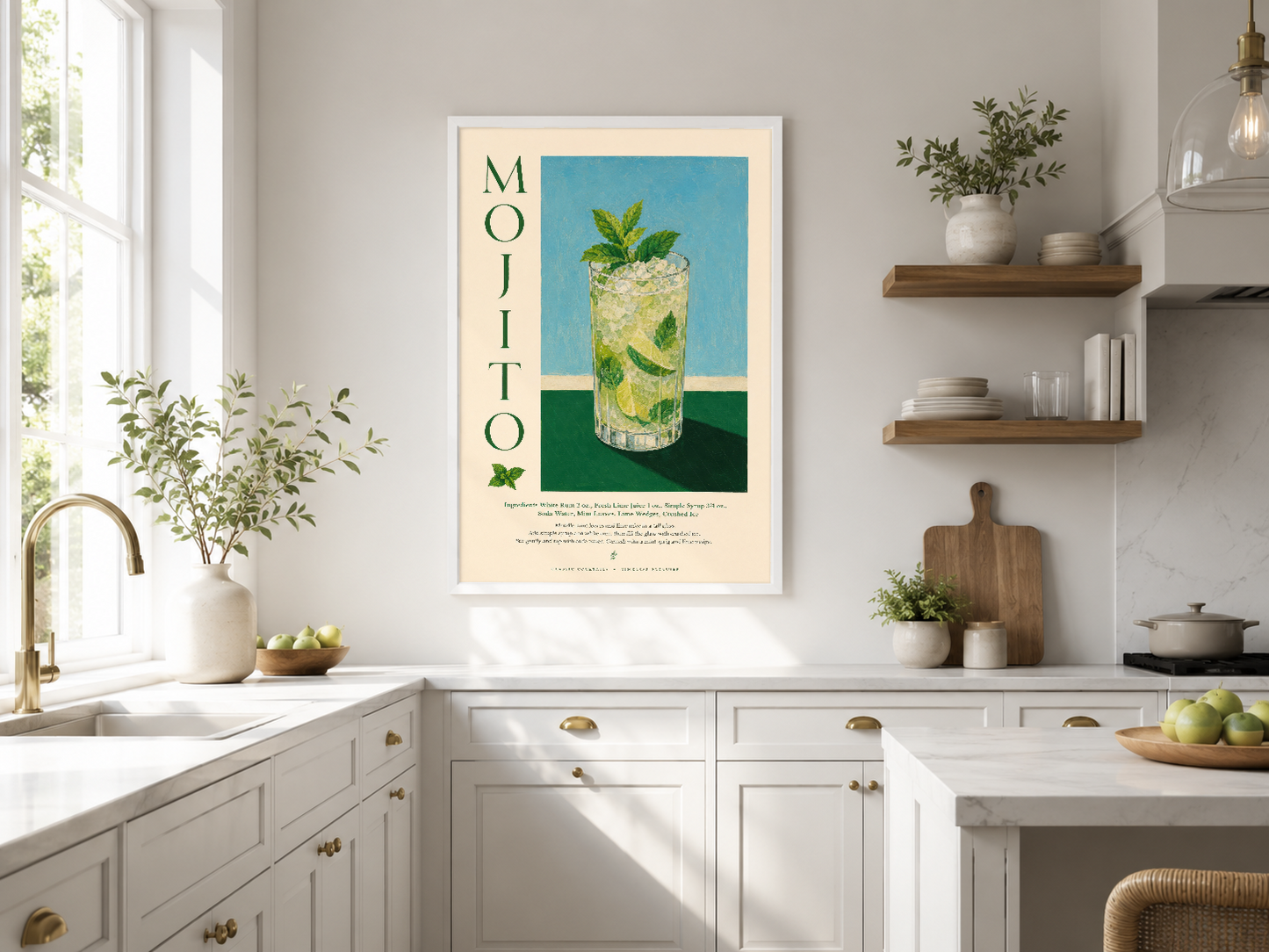 Mojito kokteyli illüstrasyonu, türkçe yazıyla bezenmiş retro tarzı poster, modern mutfak duvarında.