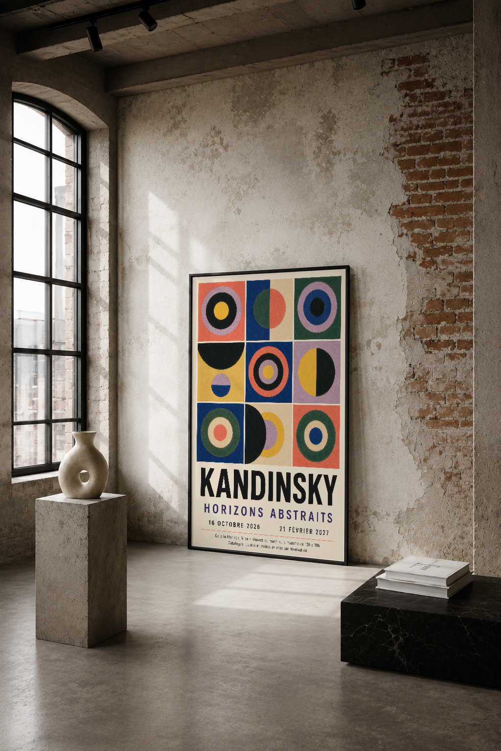Kandinsky Horizons Abstraits posteri, endüstriyel bir mekanda çimento duvarın önünde renkli geometrik deseniyle sanat eseri