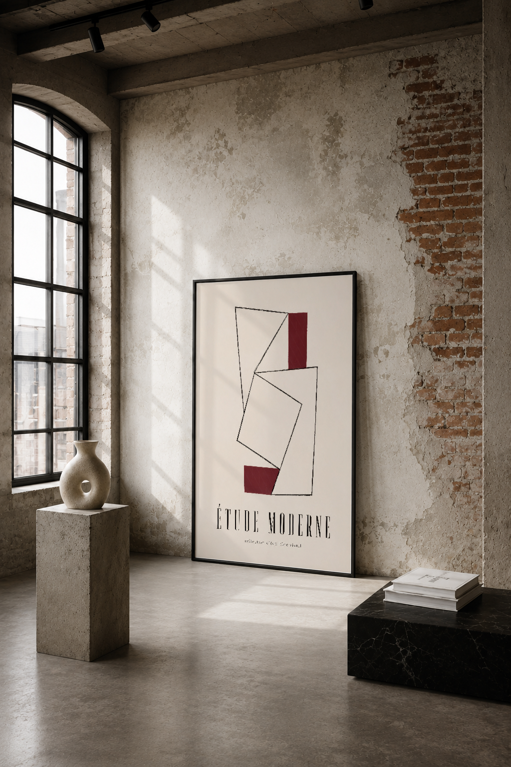 Soyut geometrik desenli modern tablonun, endüstriyel tarzda beton duvarlı minimalist mekanda sergilenmesi.
