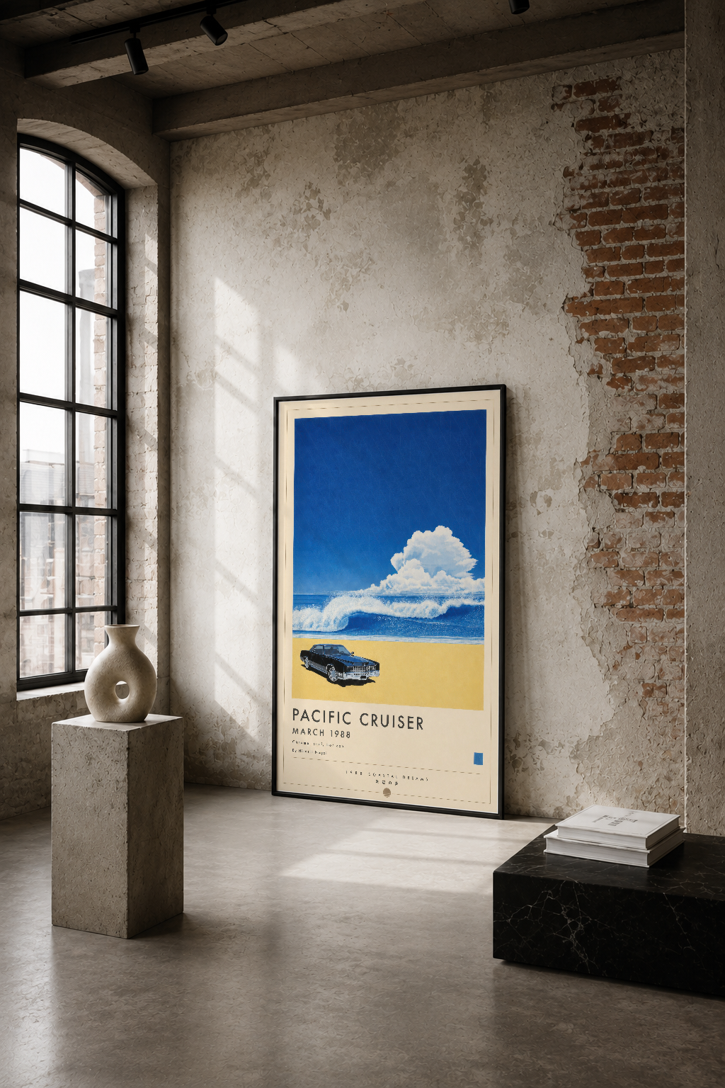 Retro plaj temalı Pacific Cruiser tablosu, endüstriyel loft ortamında sade duvarlar arasında sergilenen 1988 vintage poster.