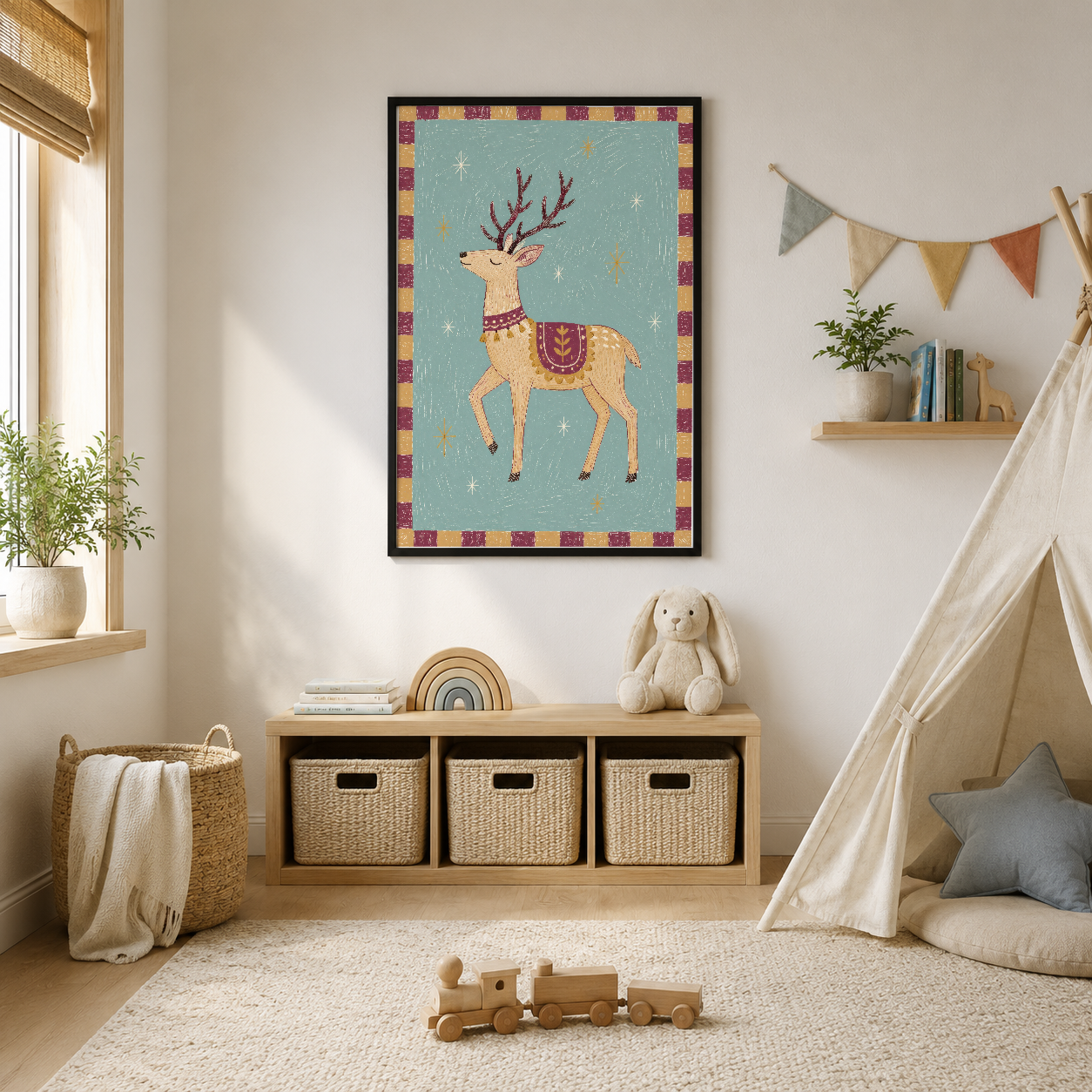 Boho tarzda süslenmiş çocuk odası duvarında, etnografik motifli sevimli geyik tablosu.