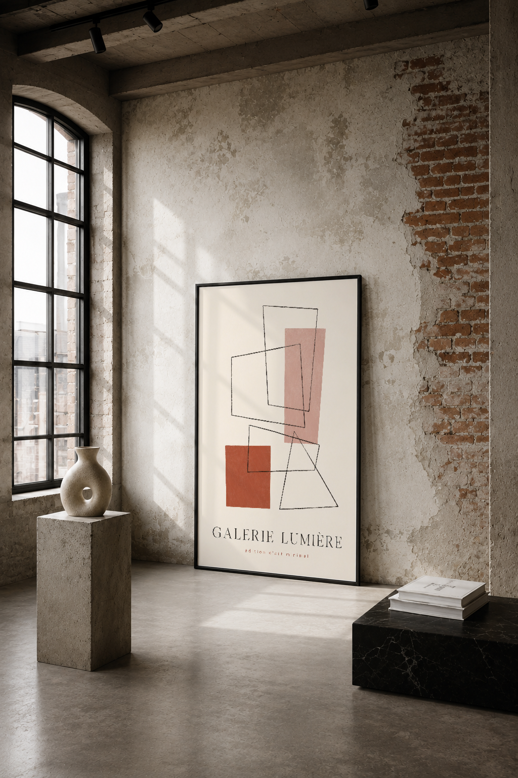 Endüstriyel loft ortamında, geometrik desenli minimalist tablo soyut pembe ve kırmızı şekillerle.
