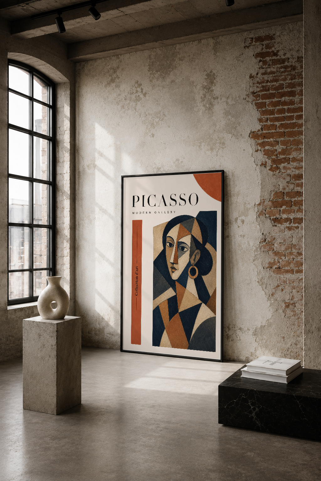 Picasso Modern Gallery tablosu, soyut geometrik portre tasarımıyla endüstriyel bir mekanda sergileniyor.