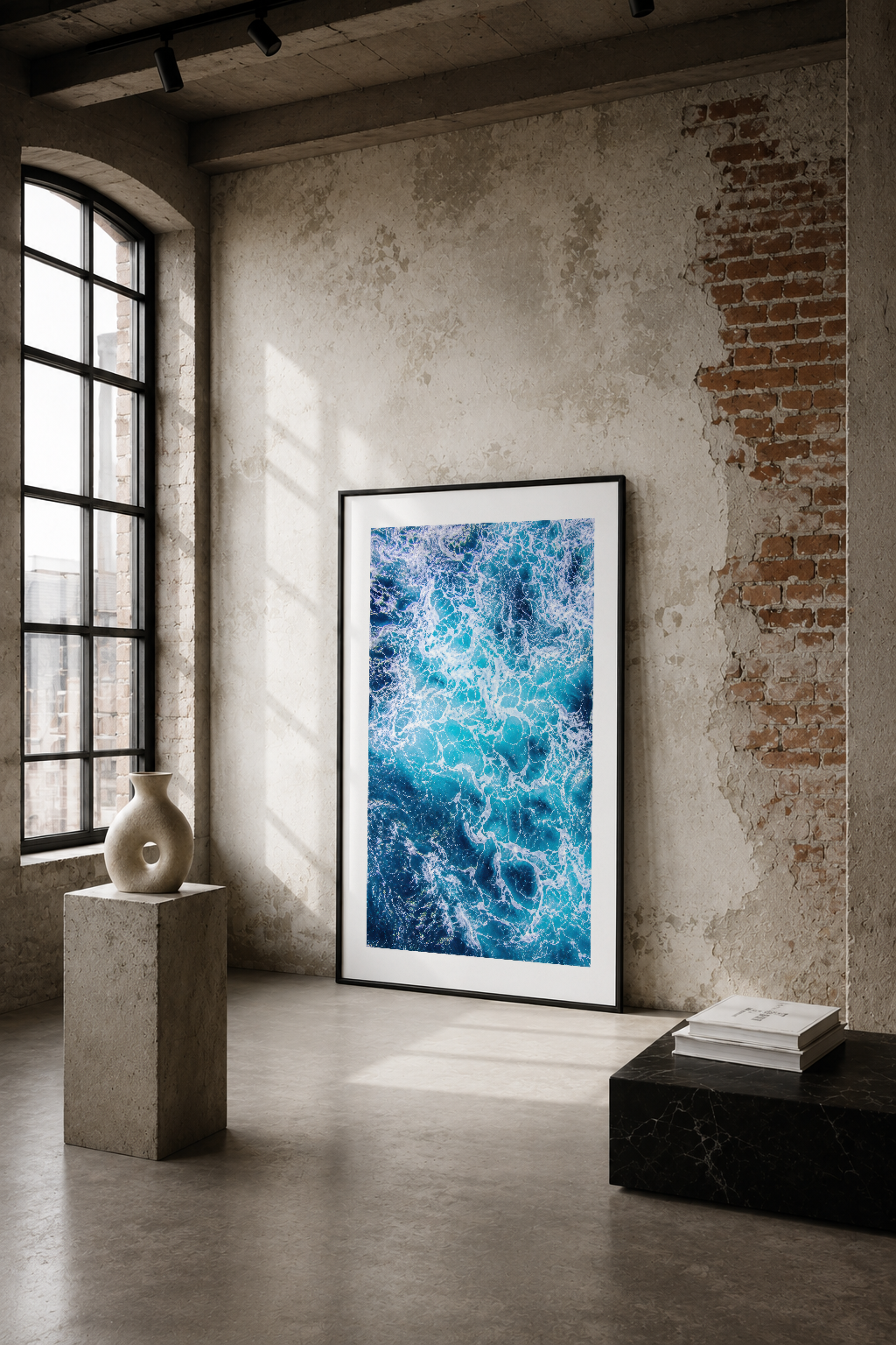 Deniz dalgalarının hava görüntüsü sunan mavi tonlarda abstre poster, endüstriyel oturma alanında siyah çerçevede sergilenen