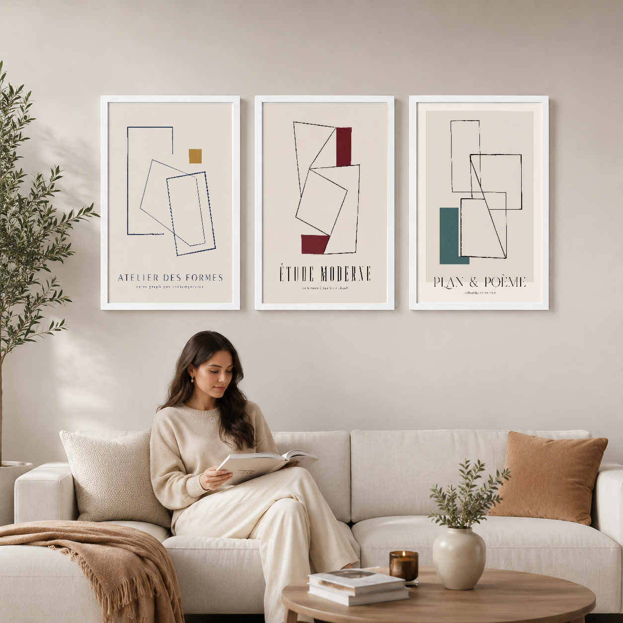 Minimalist geometrik çizimler ve renkli blokların yer aldığı üç parçalı tablo seti, modern oturma odasında kanepenin