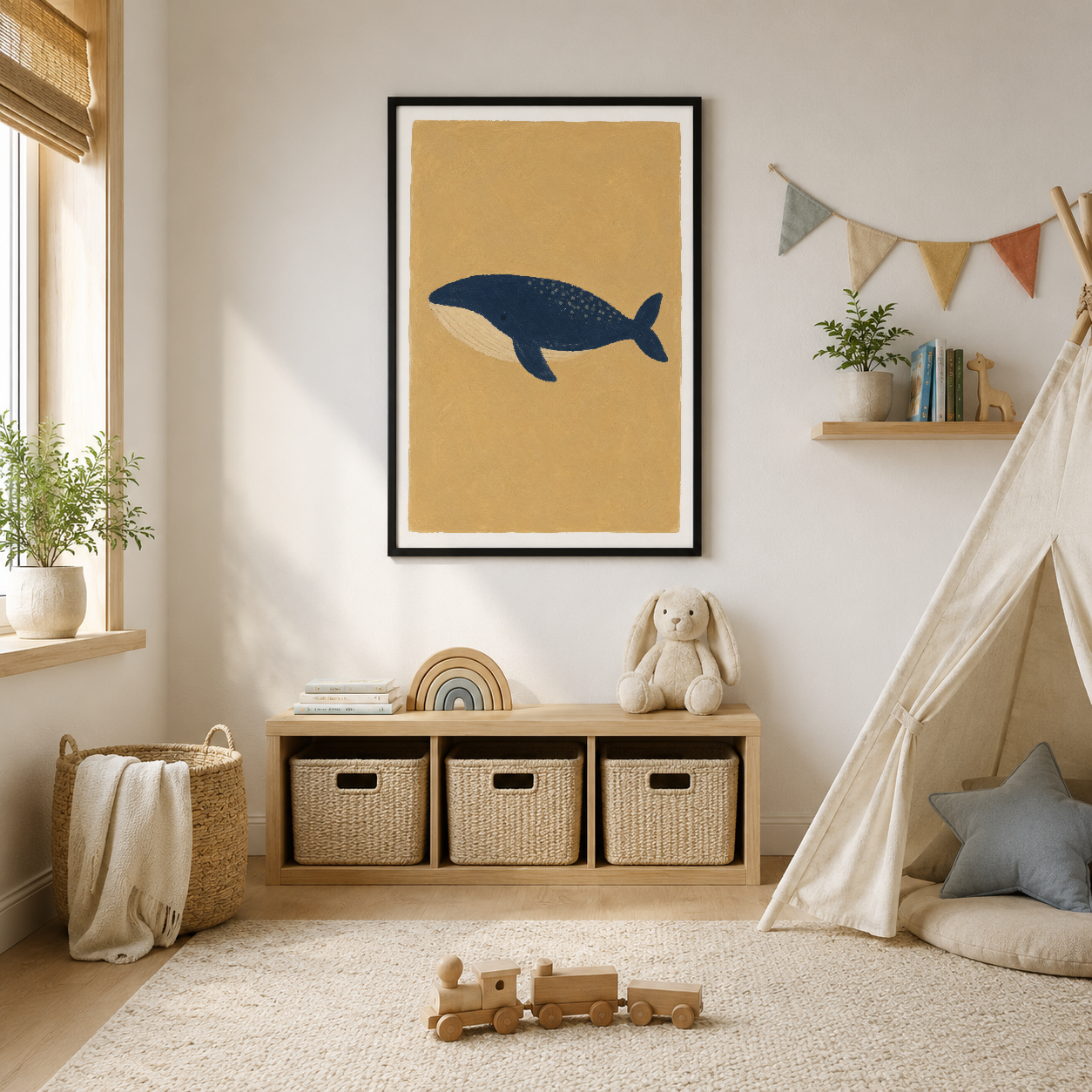 Altın sarısı arka funda üzerinde koyu mavi bir balina silueti, çocuk odası dekorasyon için ideal minimalist sanat tablosu.