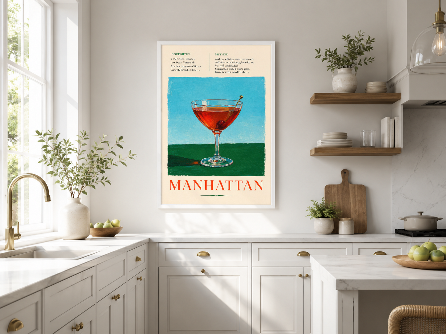 Manhattan kokteyli tarifi ve görseli içeren retro stil poster, modern mutfakta duvar dekorasyonu.
