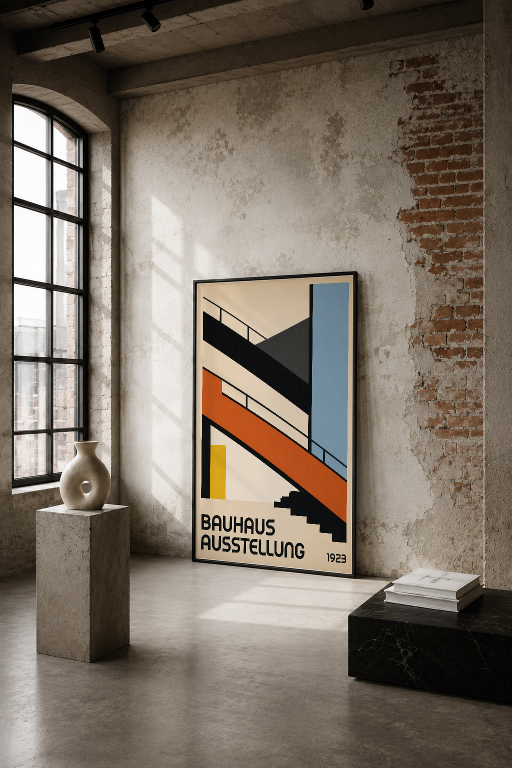 Bauhaus Ausstellung 1923 tasarımı, geometrik siyah, turuncu ve sarı şeritlerle modernist tablo, endüstriyel mekanda.