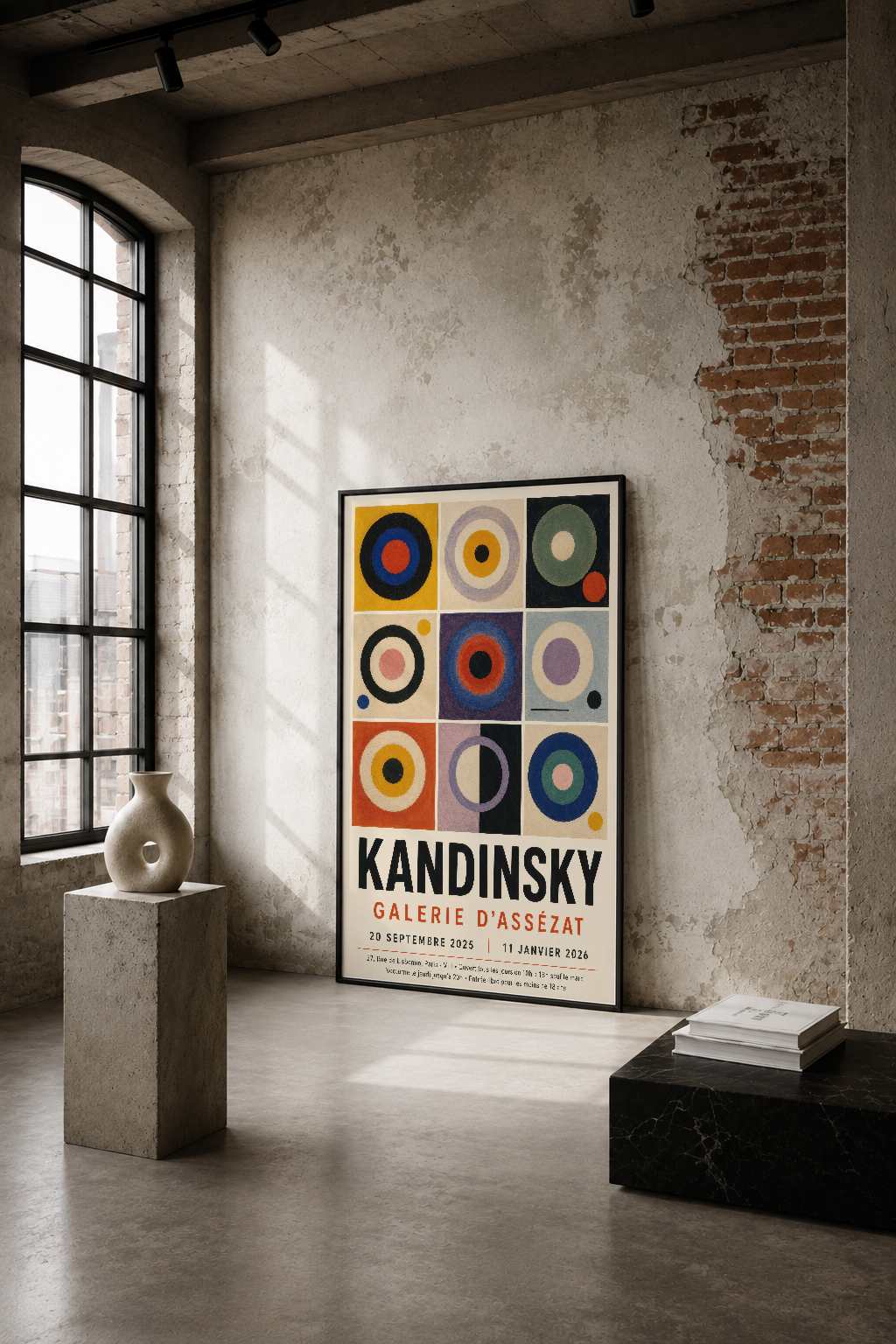 Kandinsky'nin ikonik dokuz daireli soyut tasarımı, endüstriyel alandaki etkileyici duvar tablosu olarak sergileniyor.