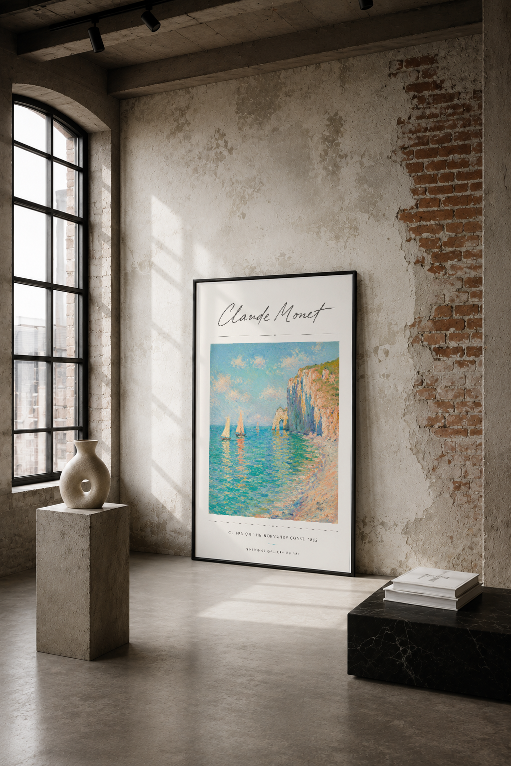 Monet'nin Normandy kıyısındaki ünlü tablosu, sıva duvarlı endüstriyel mekanda sergilenen klasik sanat baskısı.