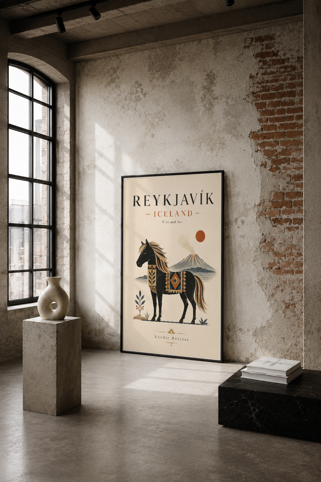 İzlanda temalı siyah atı gösteren kraft stil poster, endüstriyel tuğla duvarda minimalist tasarım.