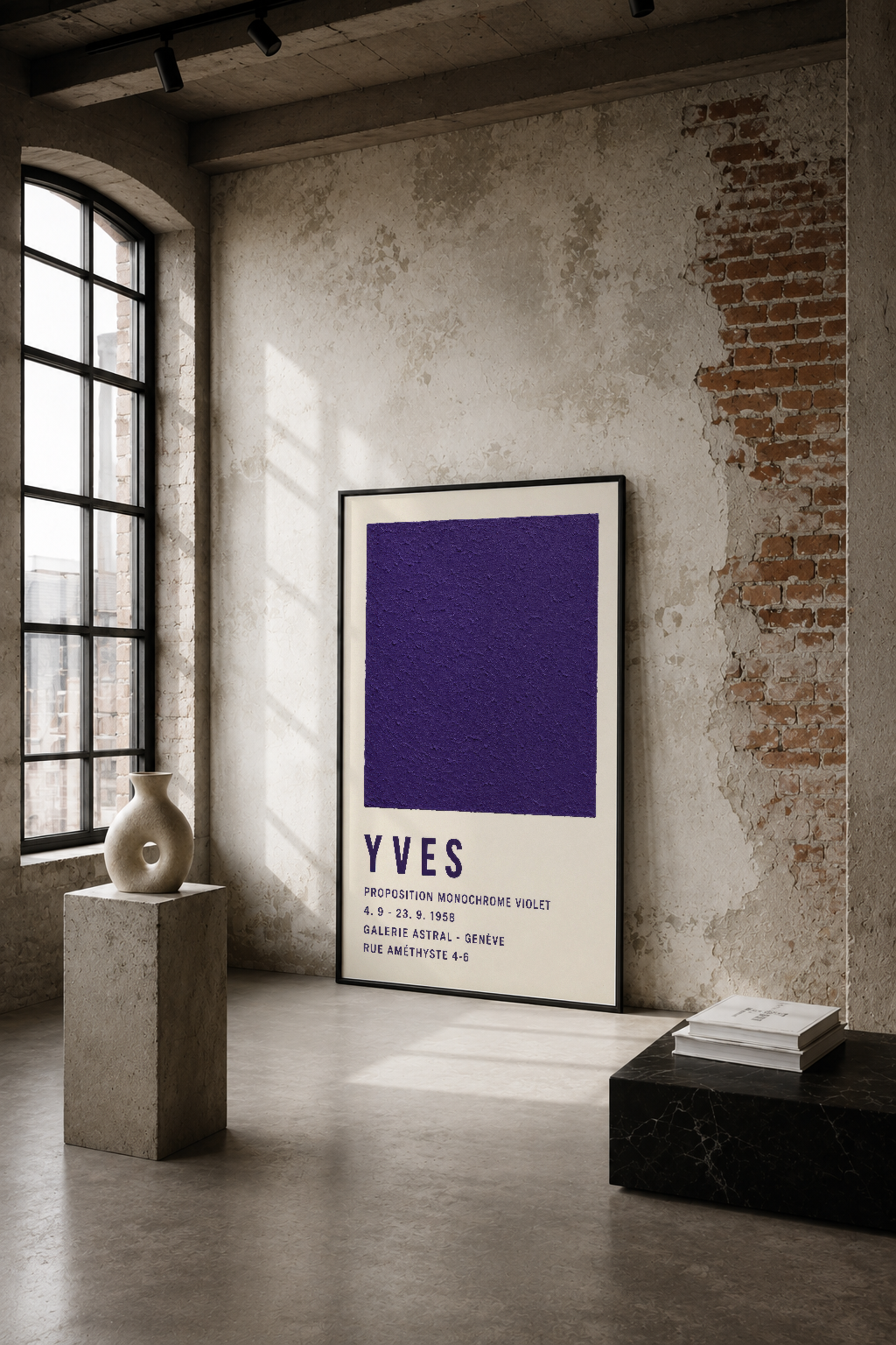 Minimalist endüstriyel alanda, mor soyut geometri tablosu sade elegansı vurgular.
