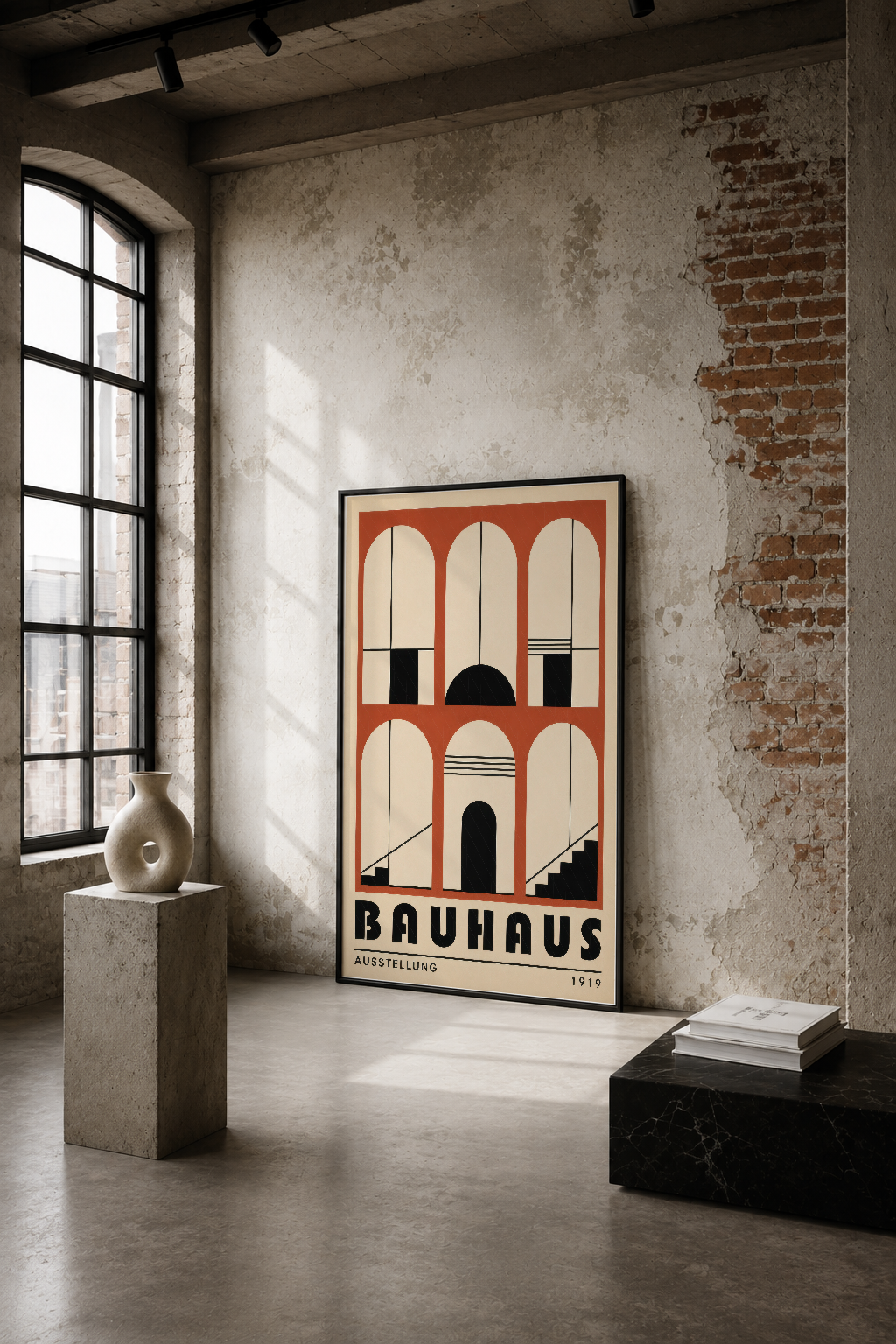 1919 Bauhaus Ausstellung afişi, endüstriyel mekanda geometrik ve minimalist tasarımın özünü yansıtan ikonik poster.