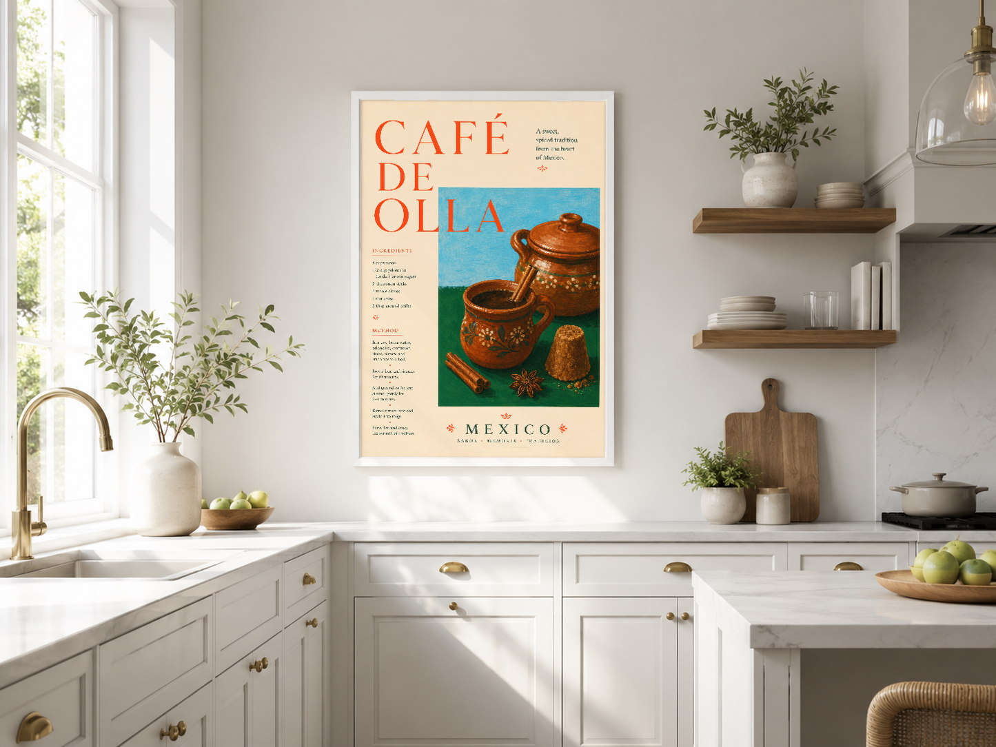 Retro Café de Olla posteri, turuncu tipografi ve renkli seramik kahve kaplarıyla Meksika'nın kültürel mirasını modern