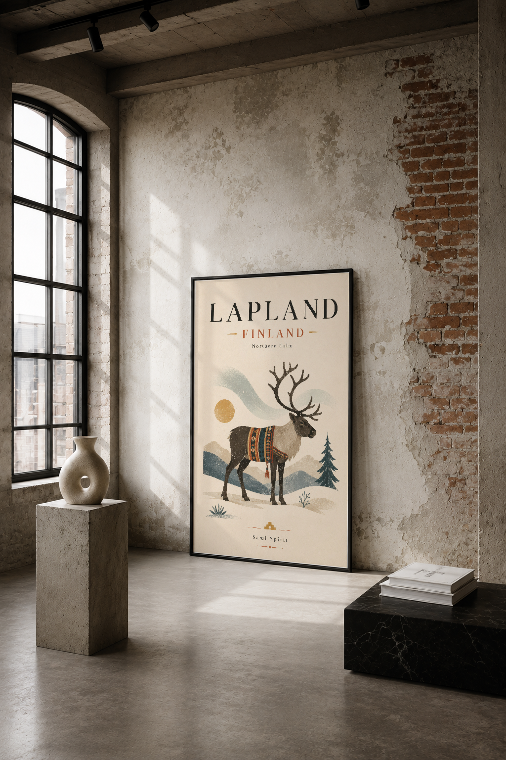 Lapland Finland tablosu, endüstriyel beton duvarında geyik ve kuzey ışıkları temasıyla bohem dekorasyon.