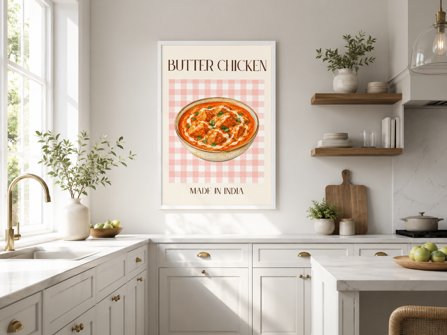 Butter Chicken tablosu, pembe kareli zemin üzerinde sıcak renkleriyle modern mutfakta duvar sanatı olarak sergileniyor.