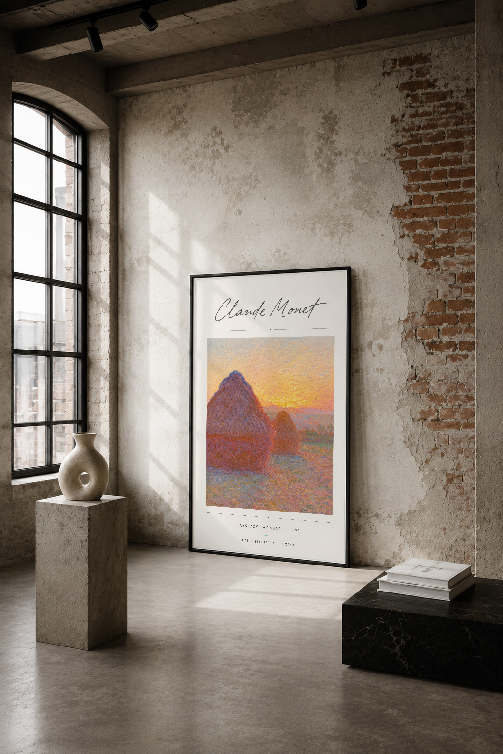 Claude Monet'nin Güneşbatısındaki Samanlıklar tablosu, endüstriyel loft dekorunda dramatik duvar sanatı.