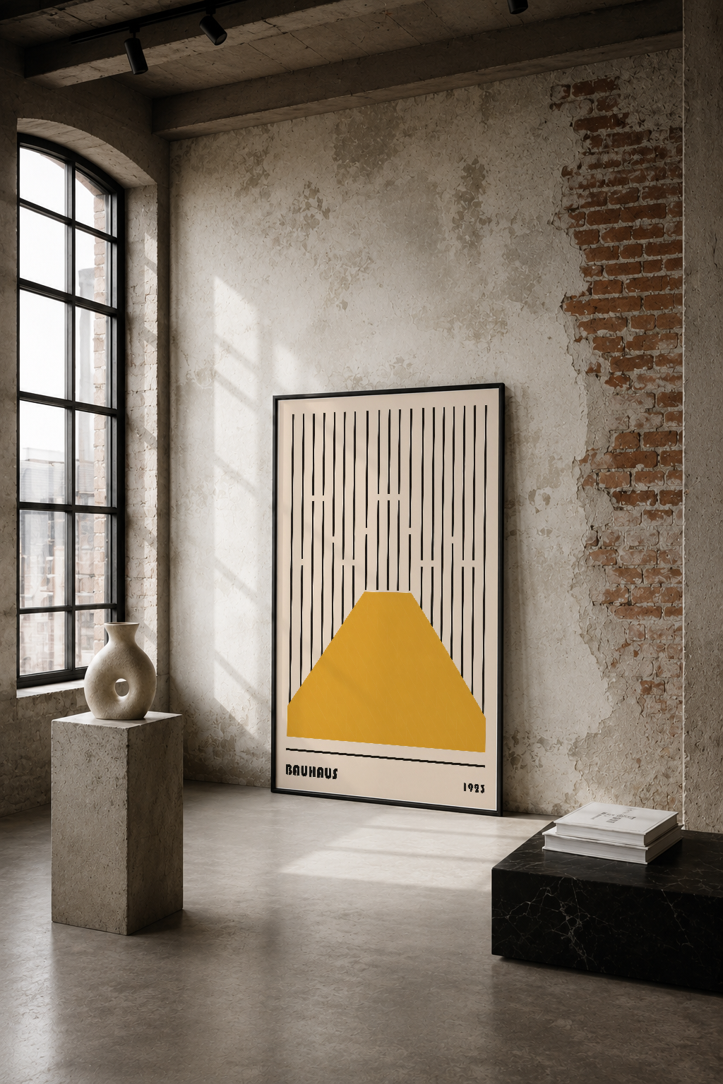 Bauhaus tarzı sarı dağ motiflı poster, endüstriyel loft ortamında, çimenli duvarlar arasında minimalist sanat dekorasyonu.