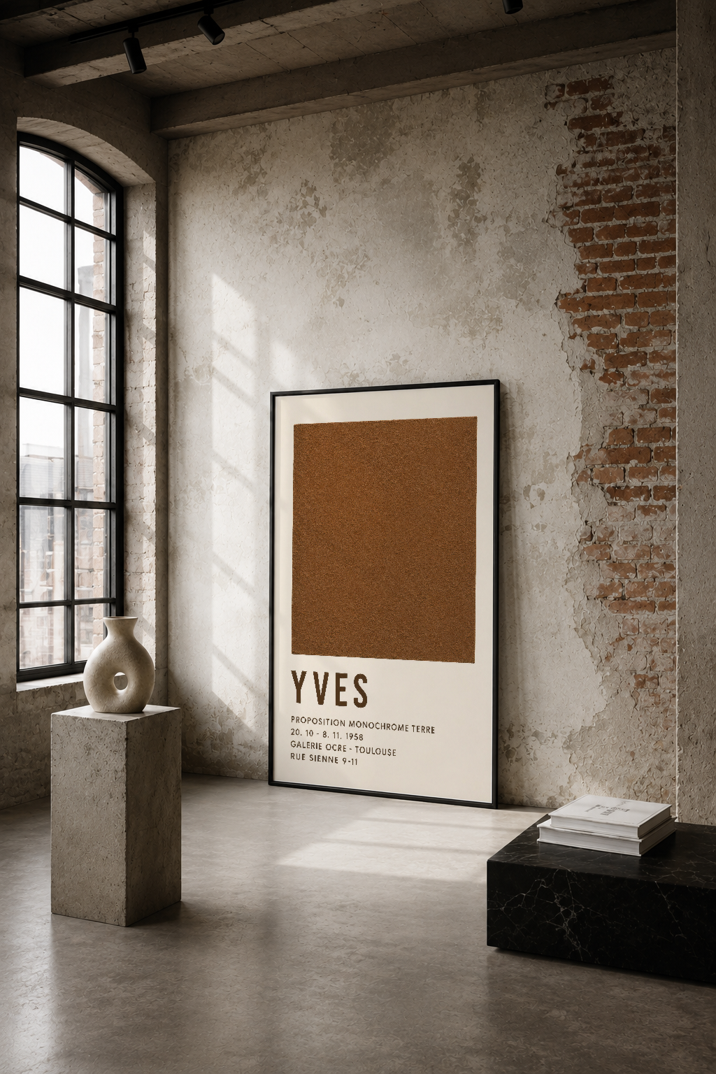 Minimalist brown Yves tablosu, endüstriyel boş mekanda tuğla duvar ve betonarme tavan arasında sergileniyor.