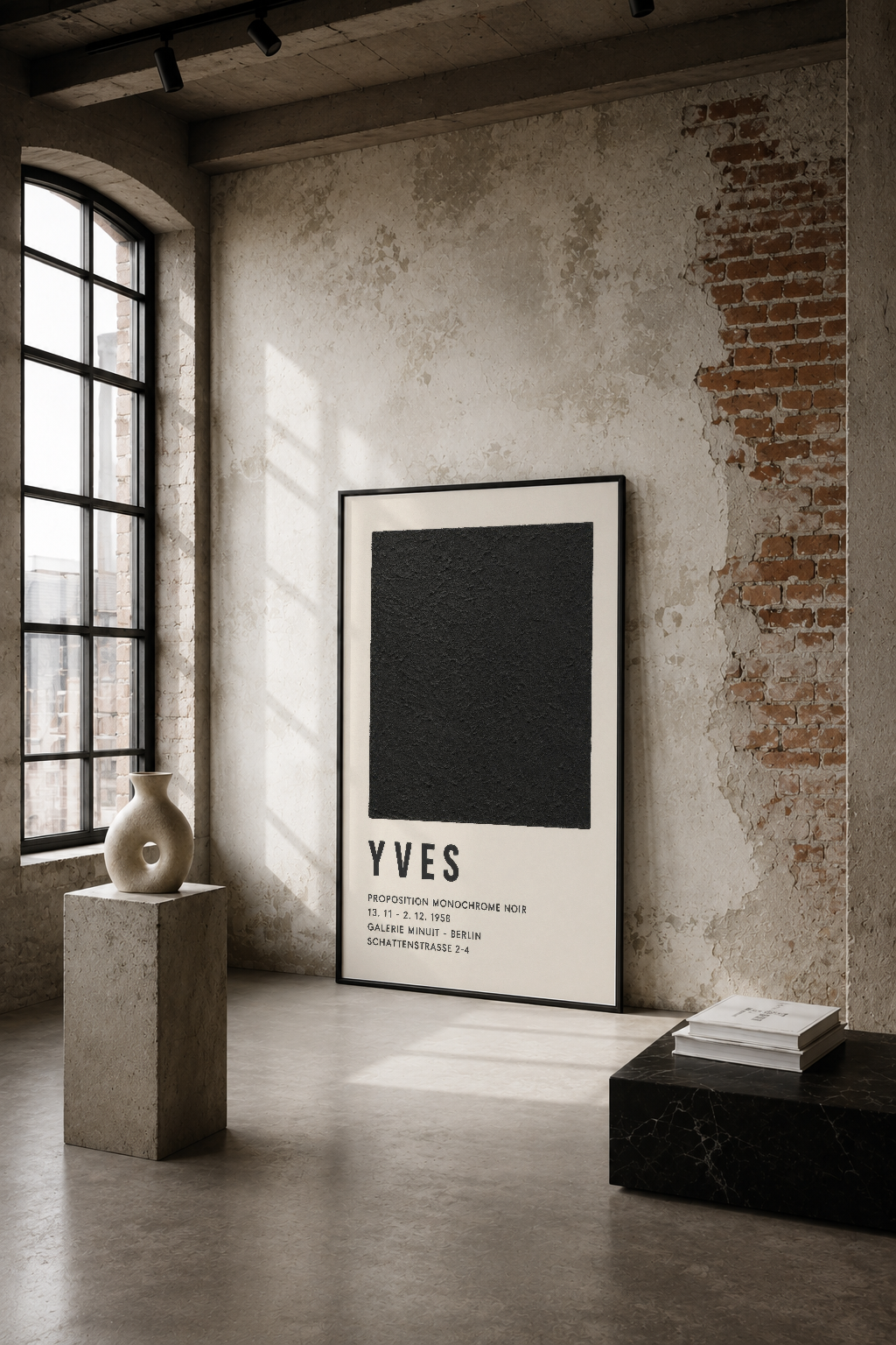 Endüstriyel bir galeri alanında, siyah çerçeveli YVES monokrom sanat tablosu duvarında sergileniyor.