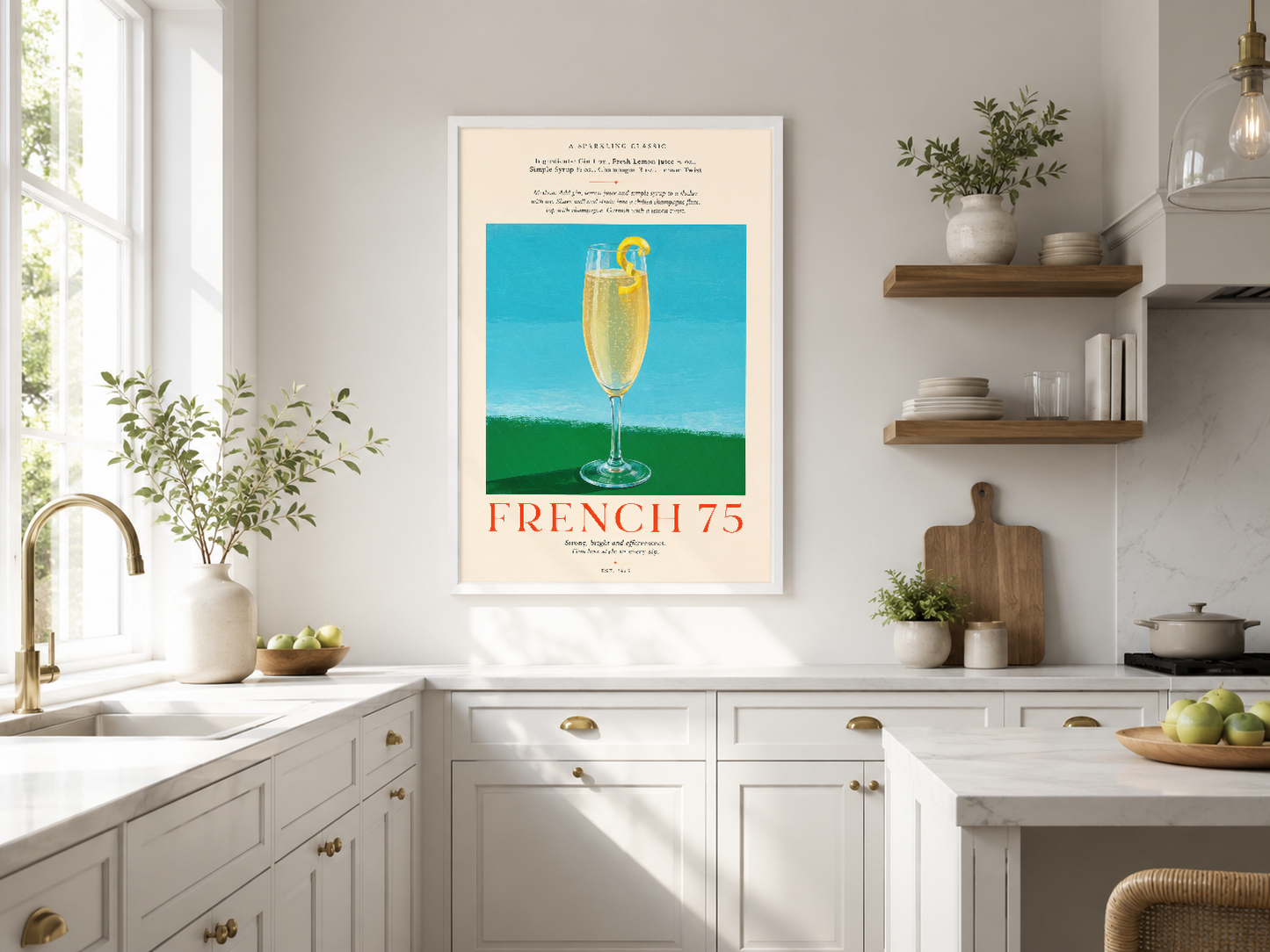 Parlak turquoise arka plan üzerinde şampanya bardağı ve vintage tipografi içeren retro tarzı sanat tablosu.