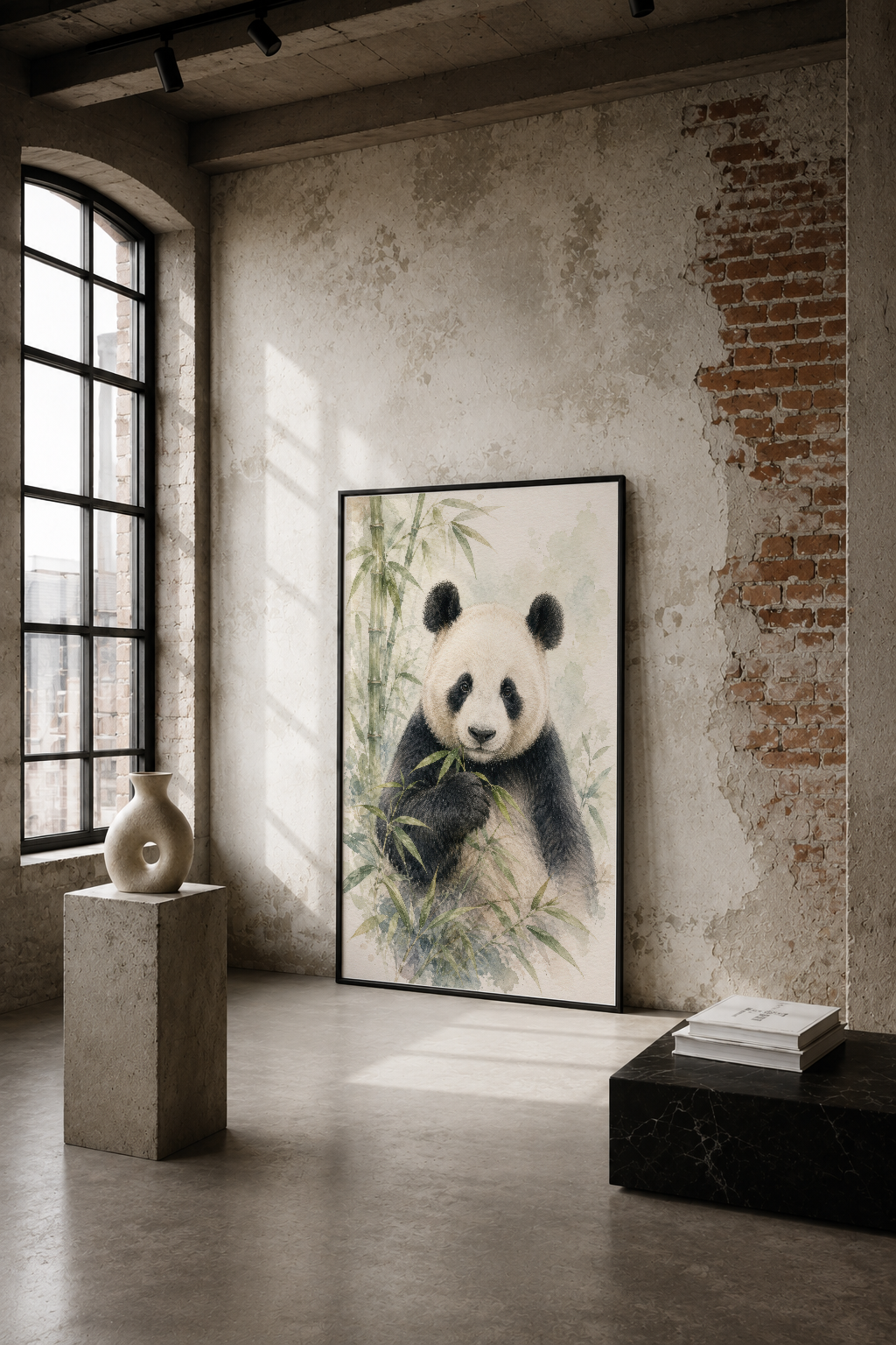 Siyah beyaz panda portresi, bambu yapraklarıyla çevrili doğalcı stilin endüstriyel bir mekanda sakin güzelliği.
