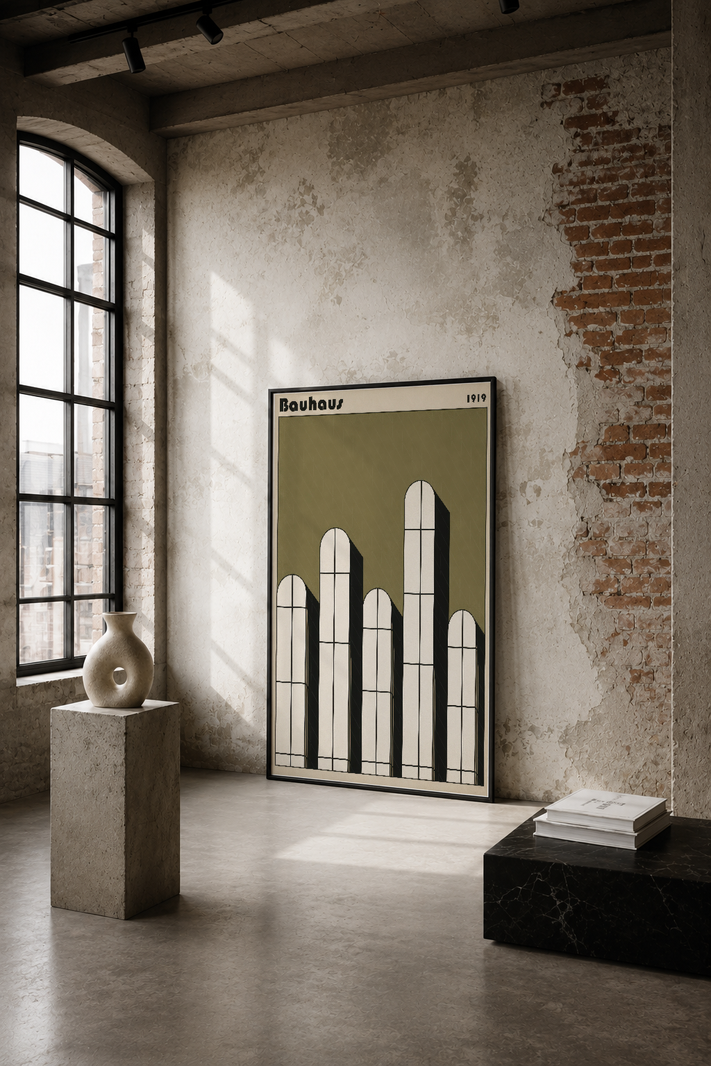 Bauhaus 1919 tarzı geometrik kapı tasarımı, endüstriyel mekan duvarında sade ve minimalista estetikle.