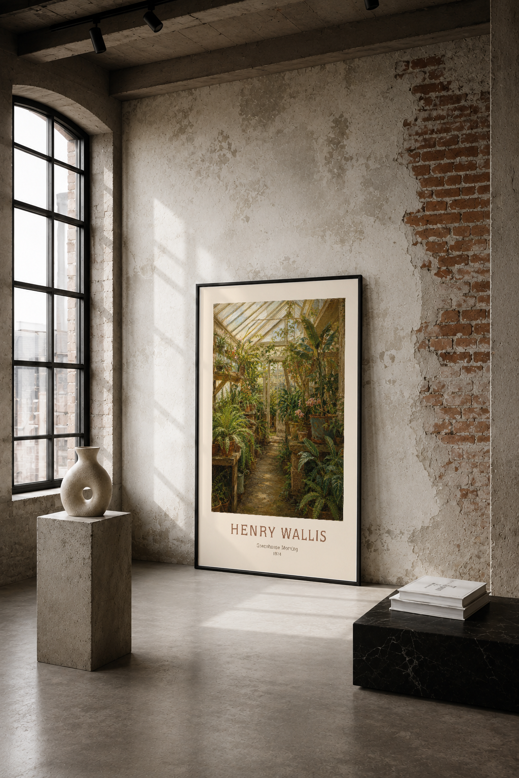 Henry Wallis'in Greenhouse Morning tablosu, endüstriyel vintage bir mekanda çiçekli seranın huzur dolu atmosferini