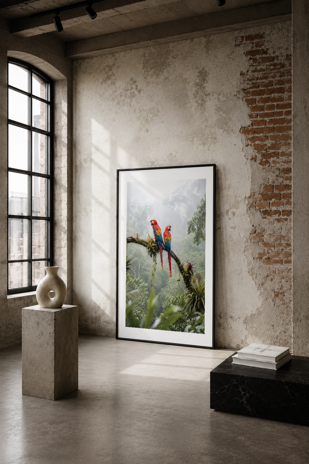 Endustiyal loft ortamında duvarında iki macaw papağanının orman manzarasını gösteren canlı hayvan tablosu.