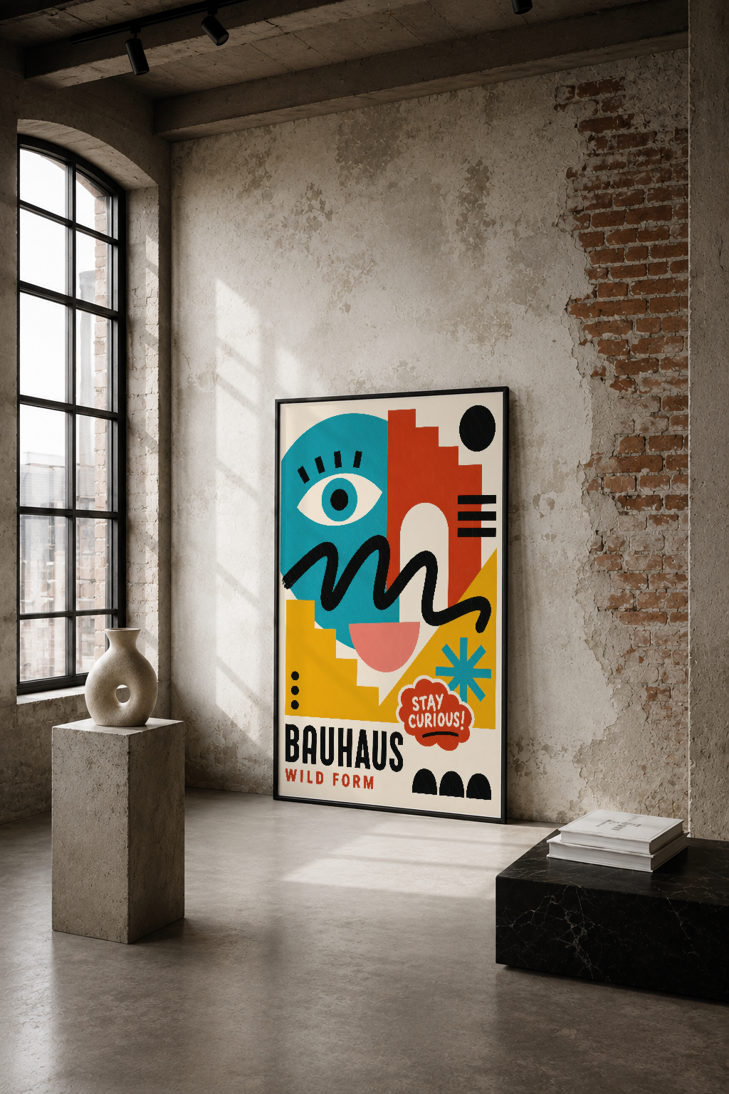 Bauhaus tarzı soyut yüz tasarımı, renkli geometrik formlar ve mavi göz motifiyle endüstriyel bir mekanda.