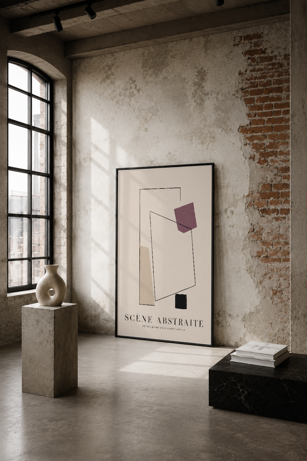 Soyut geometrik tasarım, endüstriyel mekanda beyaz duvara asılı, minimalist dekoration
