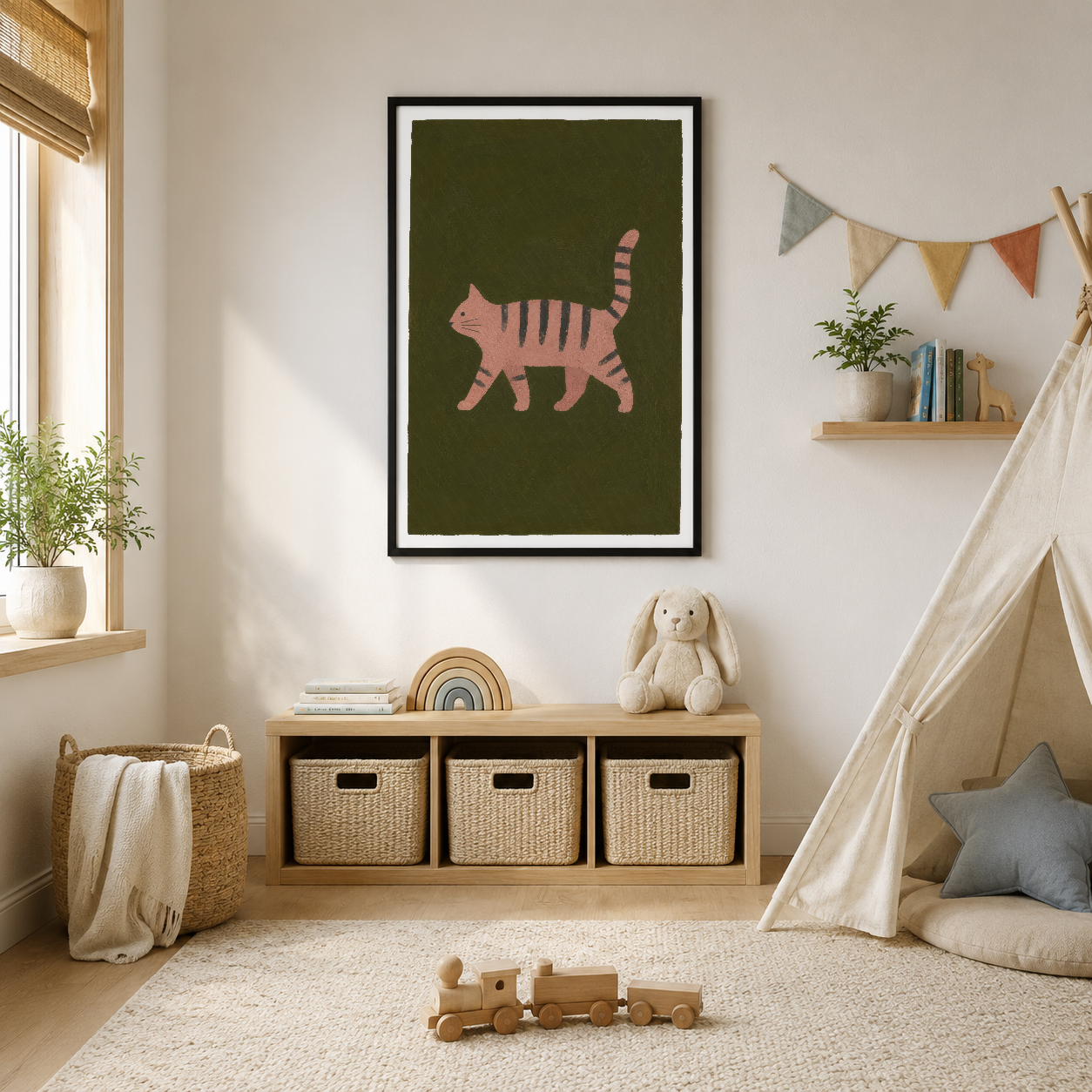 Pembe çizgili kedi figürü çiçeklenmiş yeşil arka plana karşı duran minimalist poster sanat.