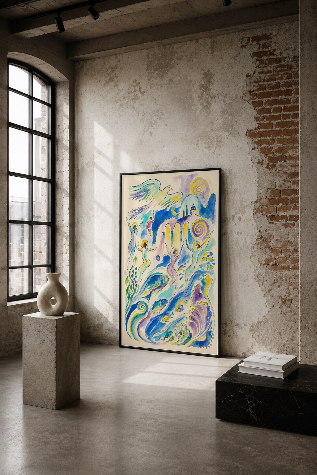 Renkli kuş ve spiral motifli fantastik sanat tablosu, endüstriyel loft duvarında doğal ışıkla sergileniyor.