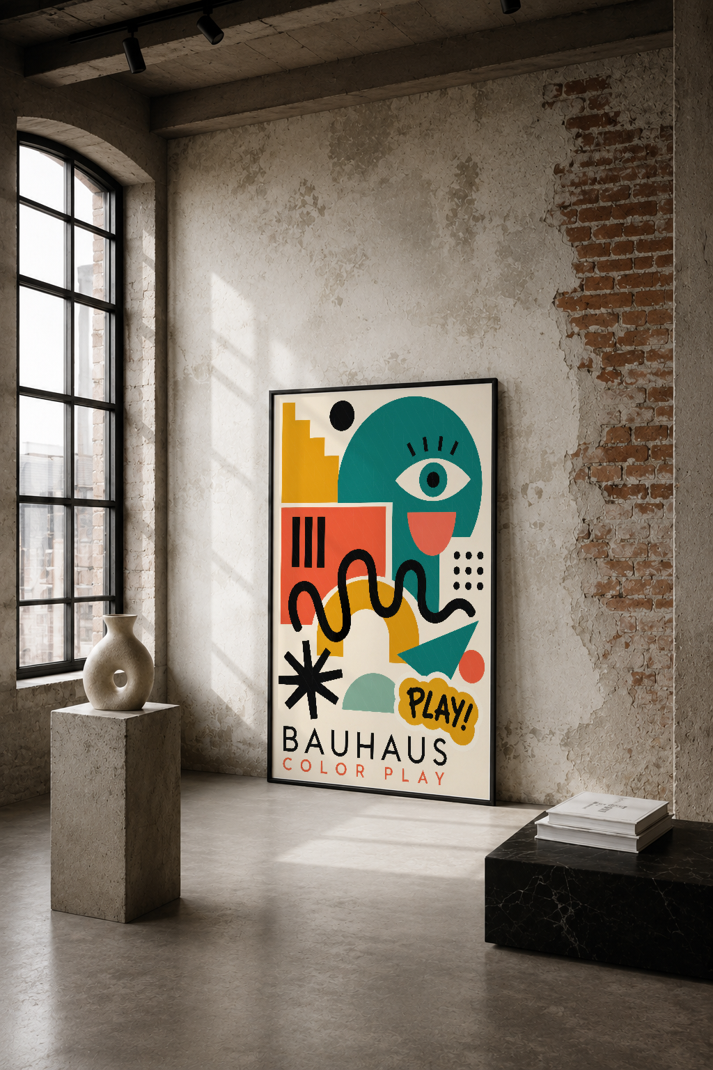 Bauhaus Color Play posteri, endüstriyel loft mekânında geometrik formlar ve canlı renkleriyle yaratıcı atmosfer yaratıyor.