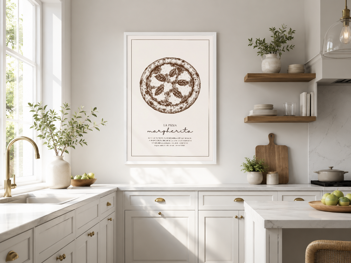 Margherita pizzasının detaylı çizimi ve İtalyanca açıklamasıyla minimalist tasarım, modern mutfakta kanepenin üstünde.
