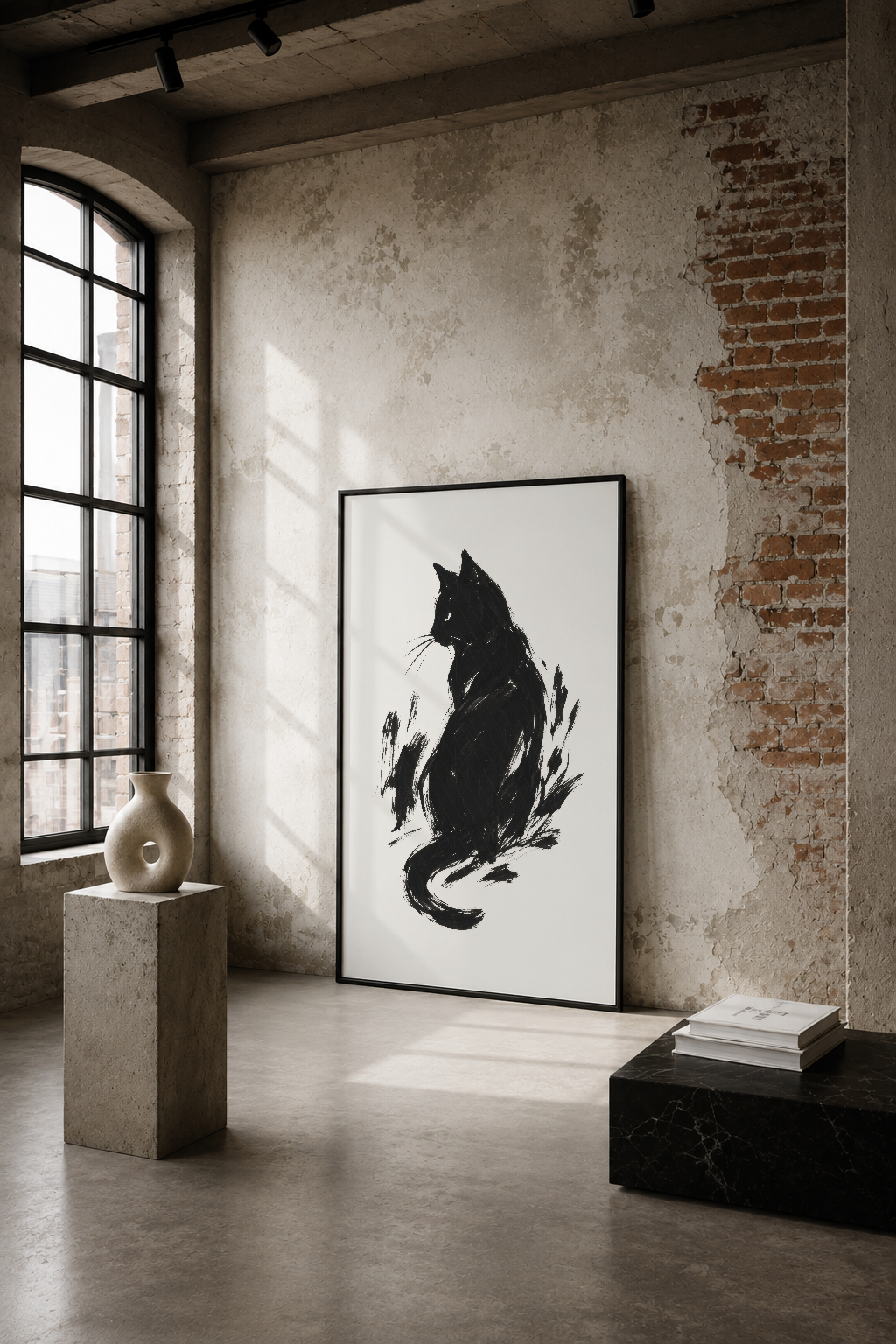 Siyah mürekkeple çizilmiş kedi silüeti, endüstriyel loft duvarında minimalist siyah çerçeveli tablosu.