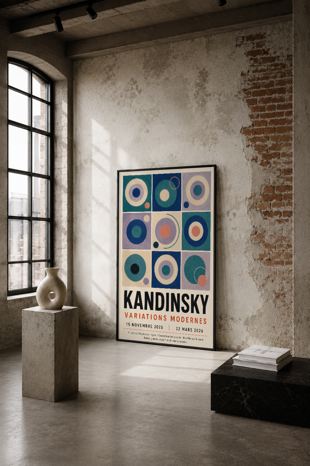 Kandinsky'nin ikonik dokuz panelli daire kompozisyonu, endüstriyel loft mekanında krem duvarlar arasında asılı duruyor.