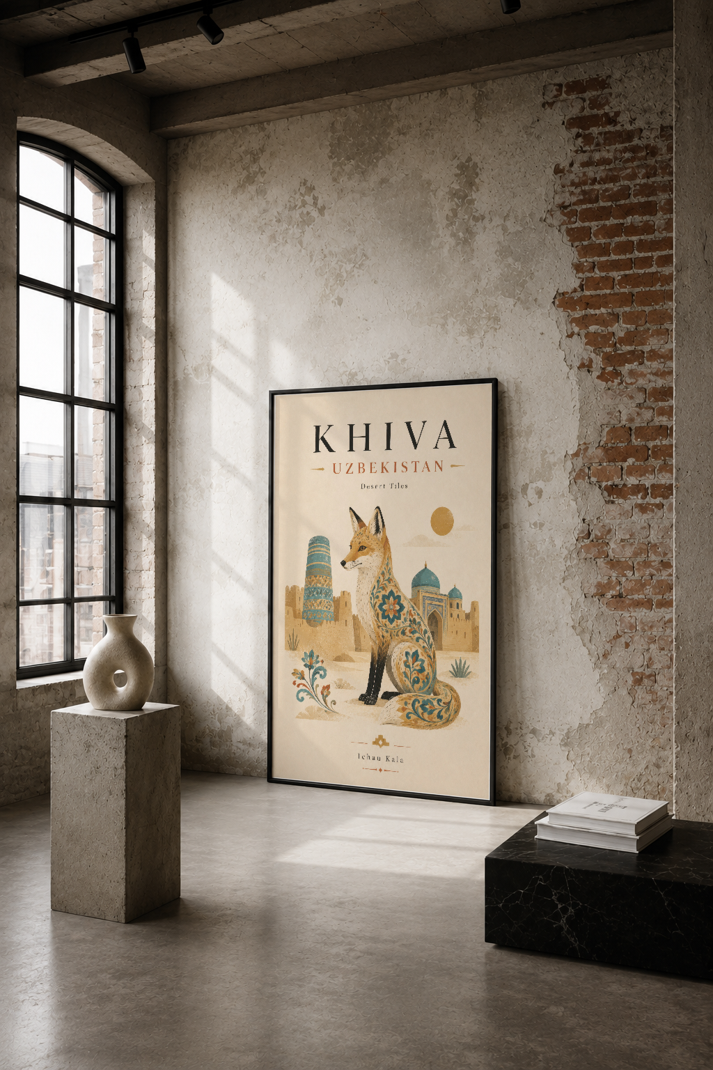 Khiva Özbekistan Desert Tiles tablosu, endüstriyel loft ortamında tuğla duvarlar arasında sergilenen zarif sanat eseri.