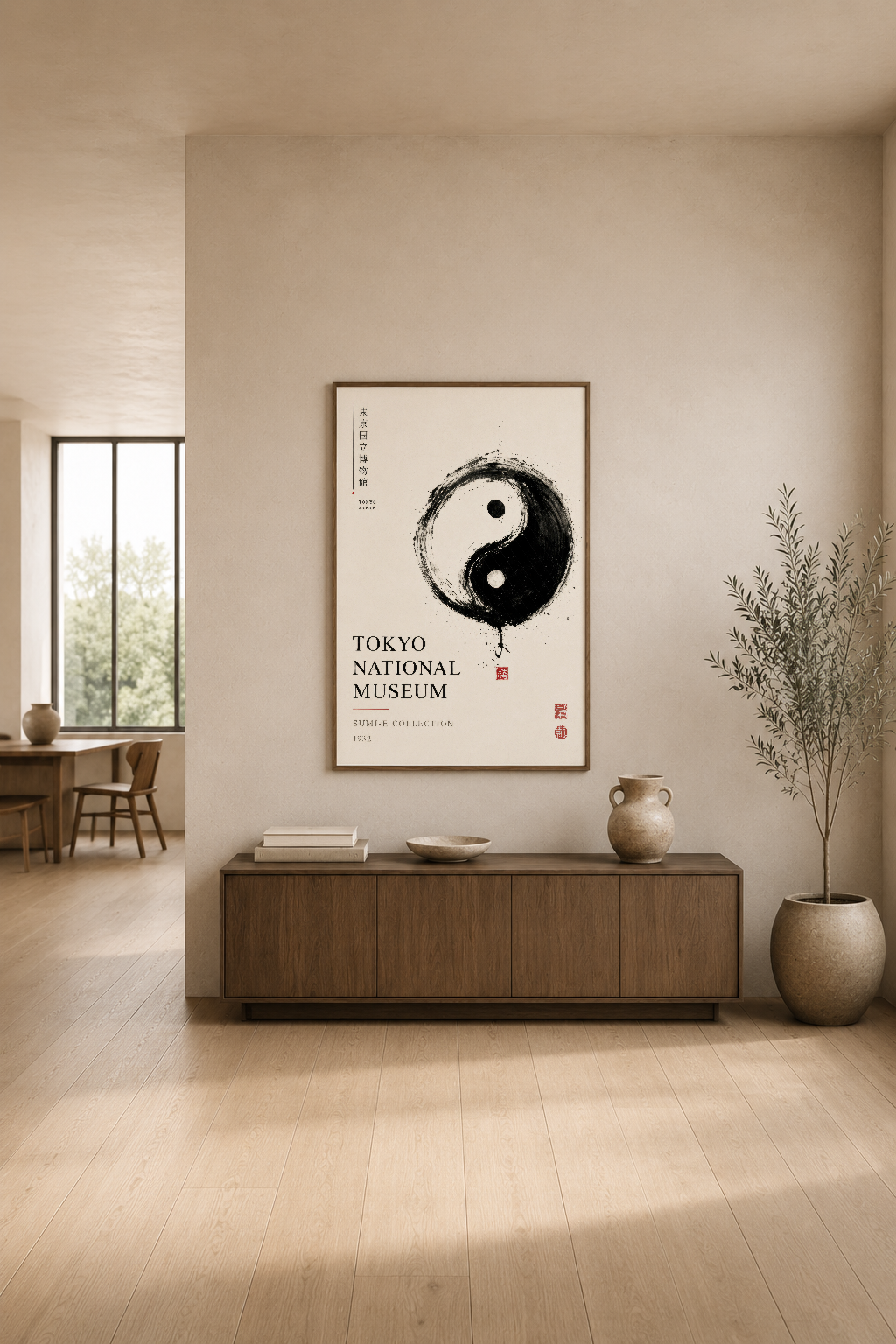 Açık ahşap iç dekorasyonda, krem duvarı karşısında yin-yang motifli sanat tablosu, oturma ünitesinin üstünde minimalist bir