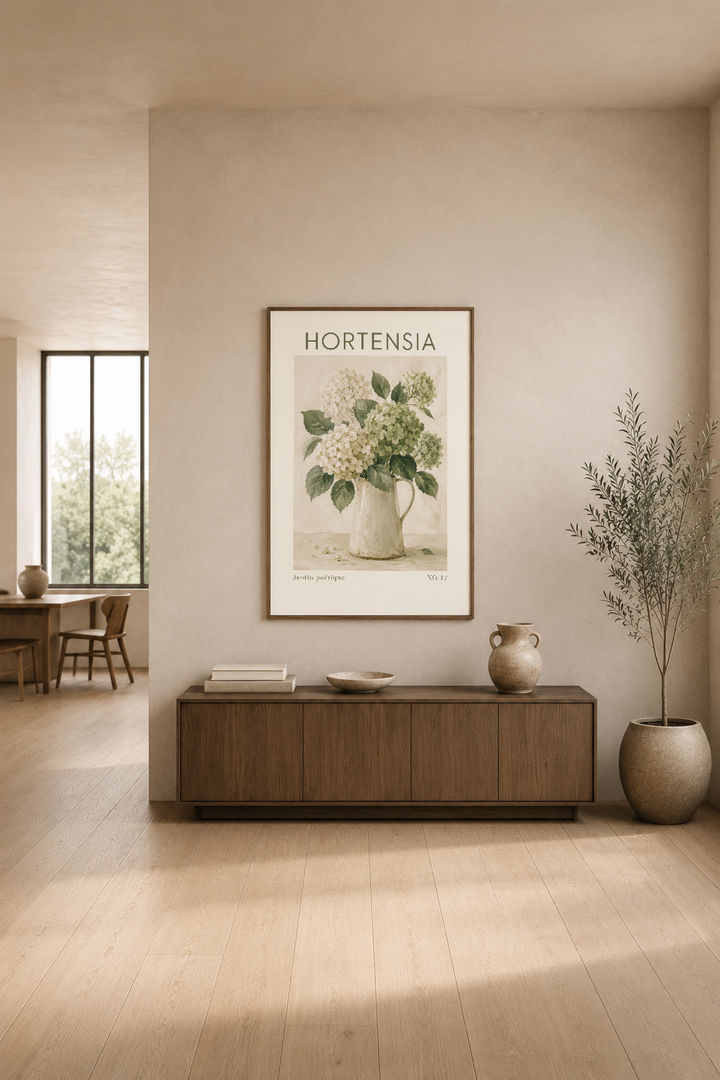 Klasik hortensia çiçeği posteri, ahşap konsol üstünde modern minimalist oturma alanında sakin güzellik yayılıyor.