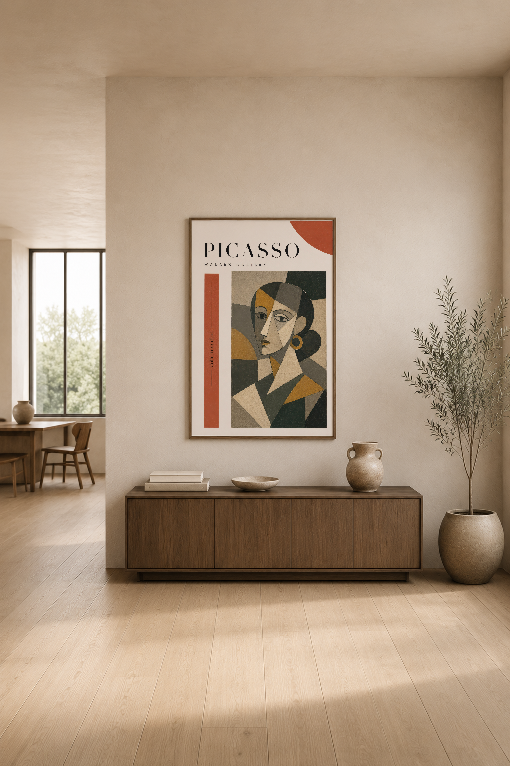 Picasso Modern Gallery tablosu, minimal oturma alanında ahşap konsol üstünde, kübist stil kadın portresiyle mekan