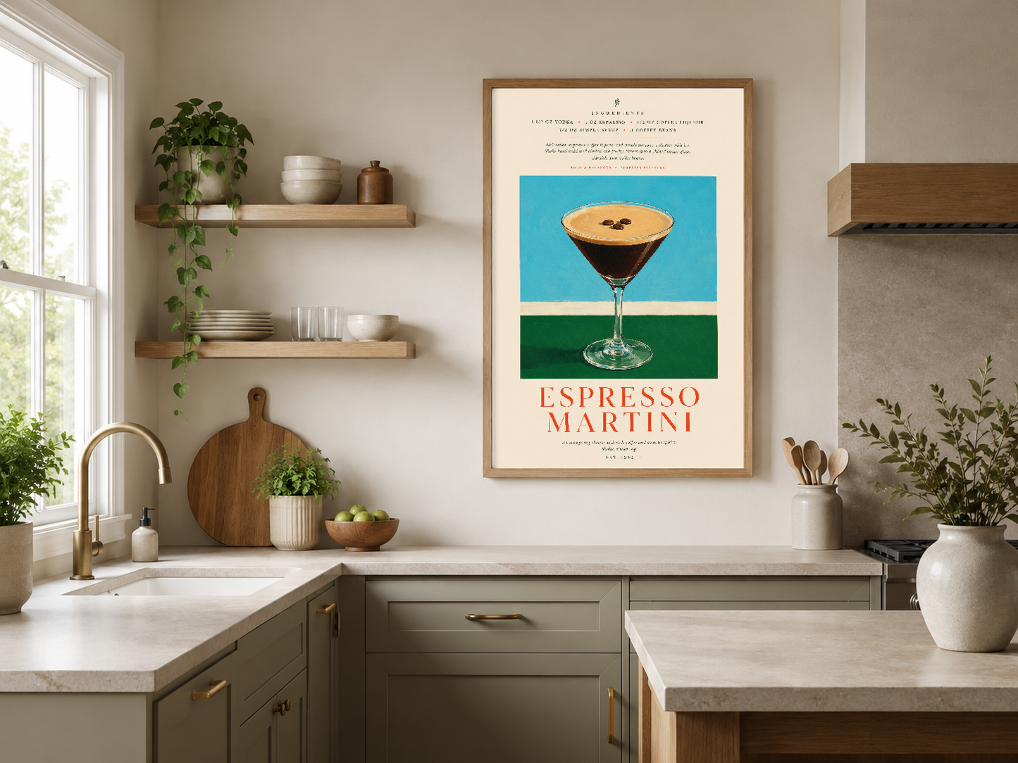 Espresso Martini sanat baskısı, ahşap çerçevede ve şık mutfak duvarında elegans dekorasyon örneği.
